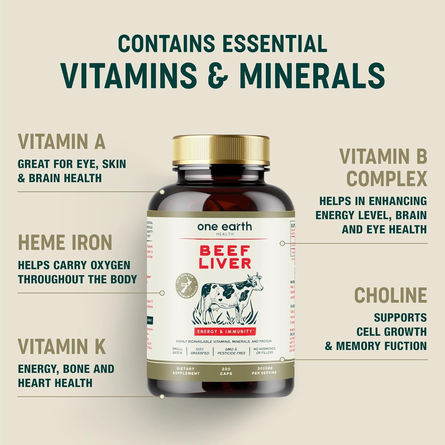 Beef Liver Capsules. 100% Grass Fed New Zealand Beef Liver. Pasture Raised. GMO and Filler Free. 200 Capsules (3,000Mg Serving)
