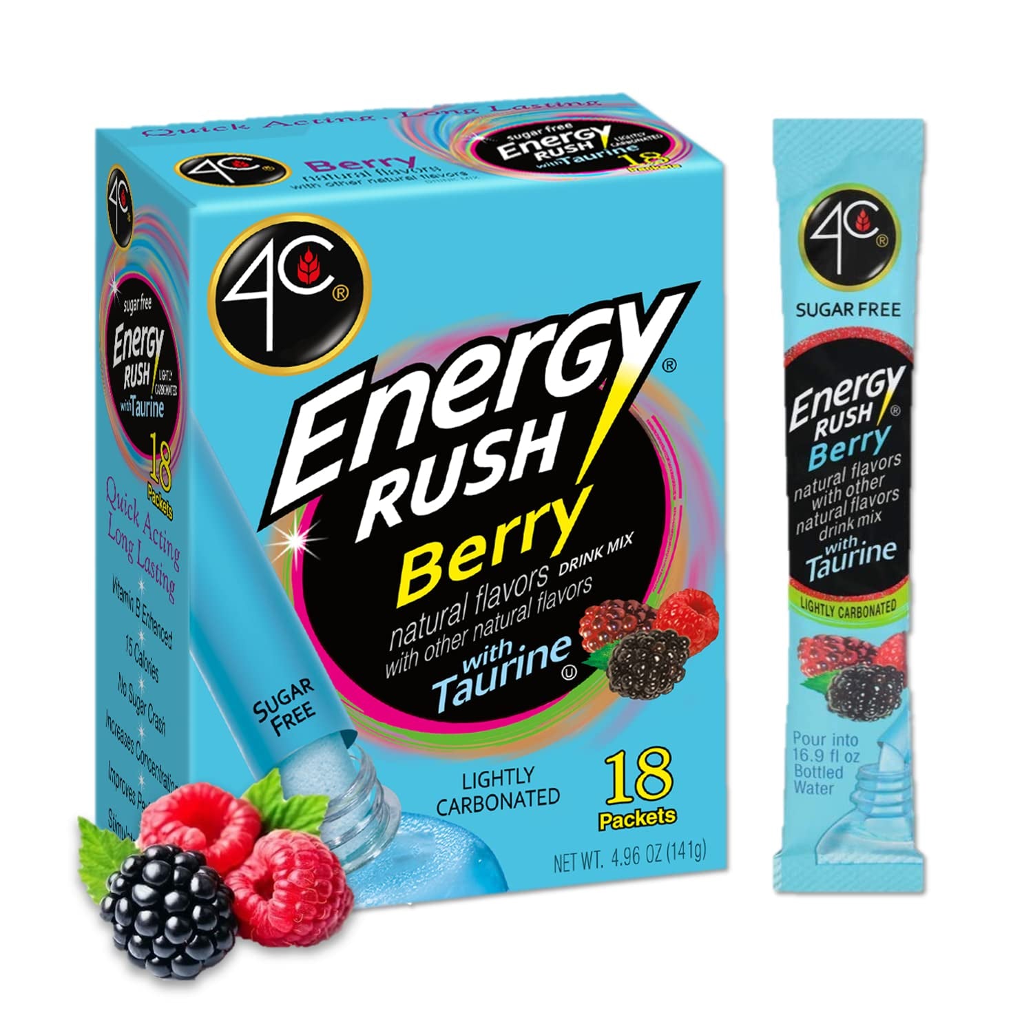 4C Energy Rush Stix, Berry 1 Pack, 18 Count, Single Serve Water Flavoring Packets, Sugar Free with Taurine, on the Go Bundle