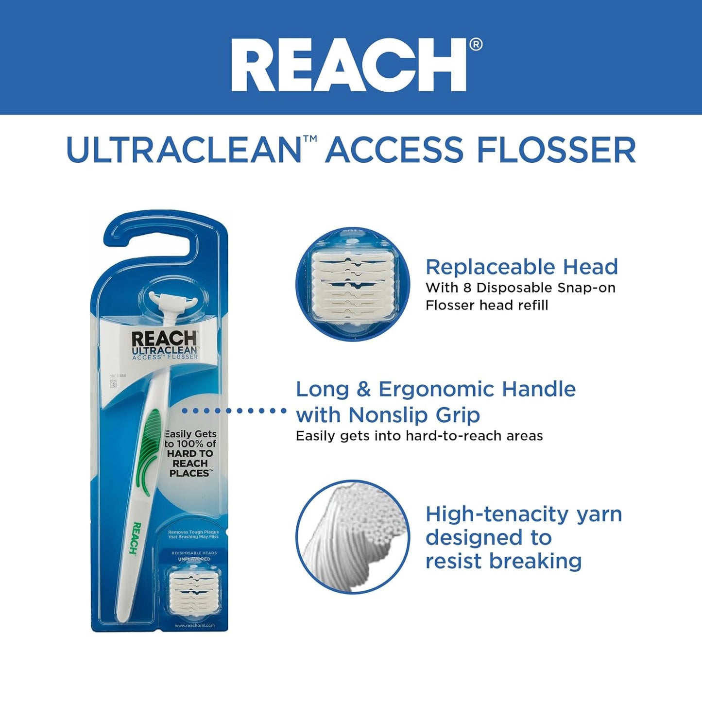REACH Listerine Ultraclean Access Flosser Refill Heads, Mint, Plaque Remover, Shred Resistant, Easy on Gums & Teeth, Hard to Reach Dental Floss Heads, Oral Care, for Adults & Kids 28 Ct, 1 Pack