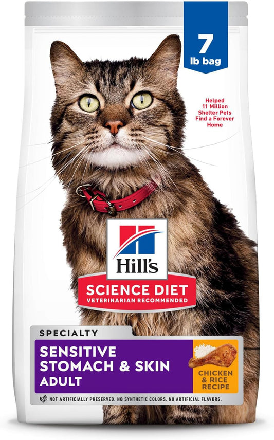 Hill'S Science Diet Sensitive Stomach & Skin, Adult 1-6, Stomach & Skin Sensitivity Support, Dry Cat Food, Chicken & Rice, 7 Lb Bag