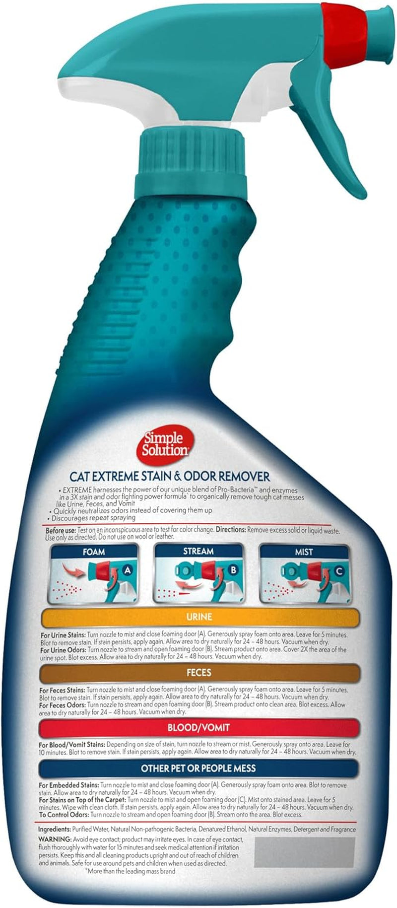 Simple Solution Cat Extreme Pet Stain and Odor Remover Spray - Enzymatic Cleaner with 3X Pro-Bacteria Cleaning Power, Cat-Formulated Strong Urine Pee Odor Destroyer - 32 Ounces