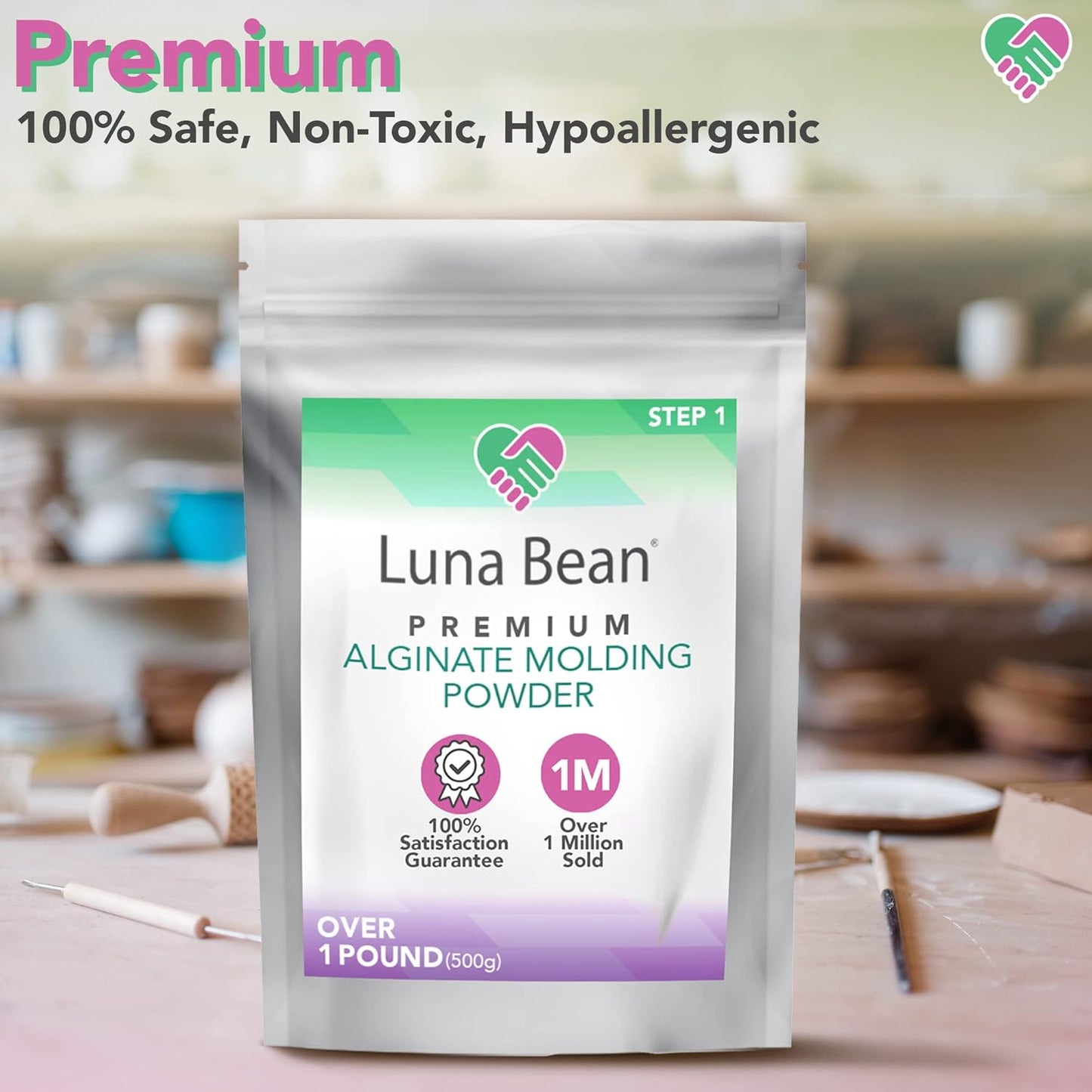 Luna Bean Alginate Molding Powder Refill for Hand Casting Kit - Non-Toxic Alginate Material over 1 Lb (500G) - Perfect for Anniversaries, Birthdays & Family Activities - Hand Mold Kit Couples