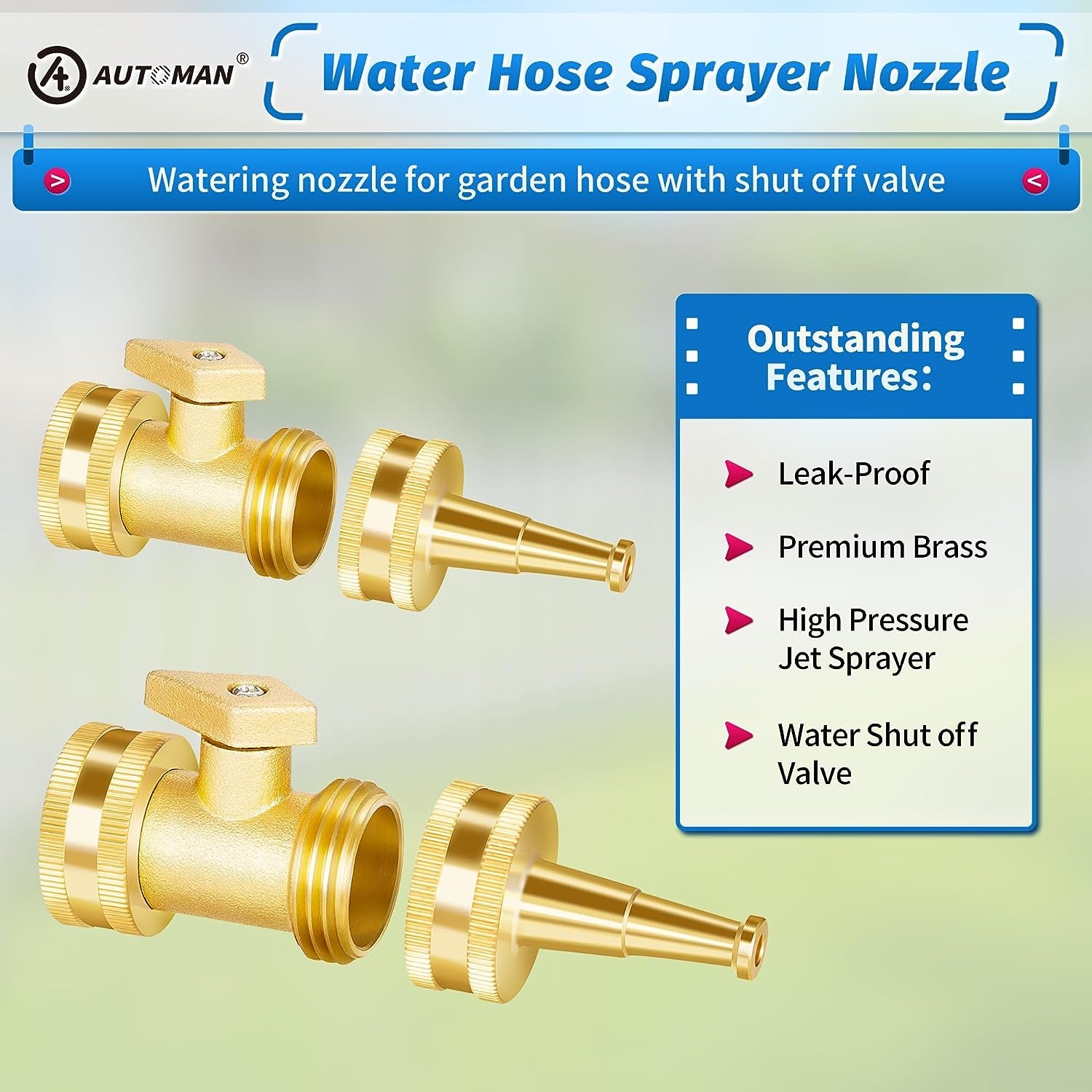 AUTOMAN Brass Hose Nozzle - High Pressure Jet Nozzle 4 Count (2 Set), Heavy Duty Water Hose Sprayer Sweeper with Hose Shutoff Valve, 3/4” GHT Nozzles for Garden Hose, Car Wash, Extra 10 Rubber Washers
