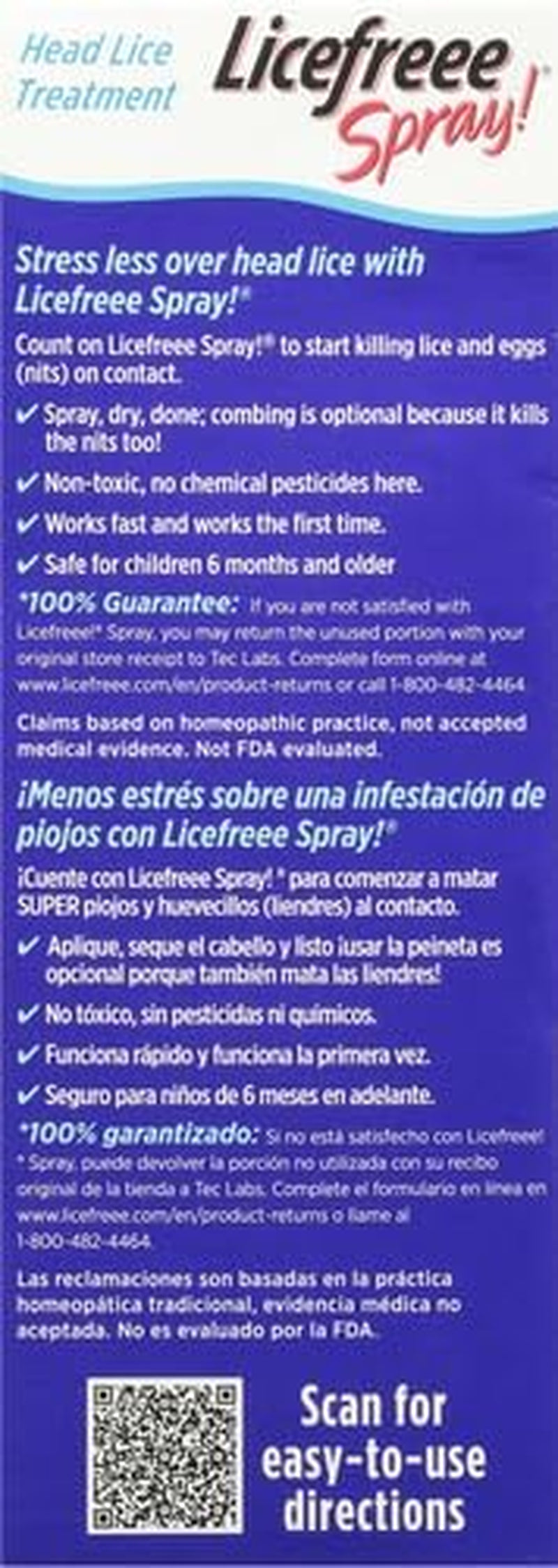 Licefreee Spray, Tec Labs Head Lice Spray, 6 Fl Oz, Includes Professional Metal Nit and Lice Comb, Easy Use Lice Treatments for Kids & Adults, Kills Head Lice, Eggs, Super Lice on Contact