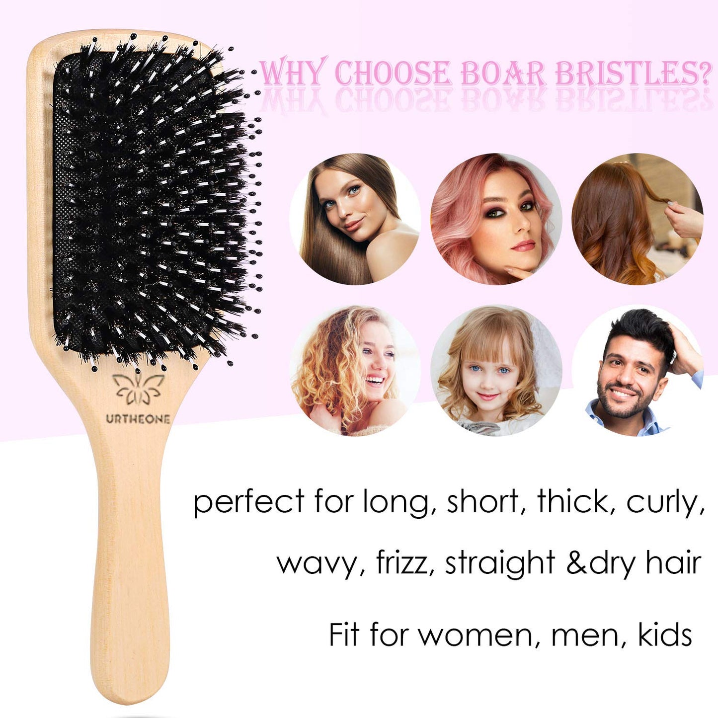 Hair Brush Boar Bristle Hairbrush for Thick Curly Thin Long Short Wet or Dry Hair Adds Shine and Makes Hair Smooth, Best Paddle Hair Brush for Men Women Kids