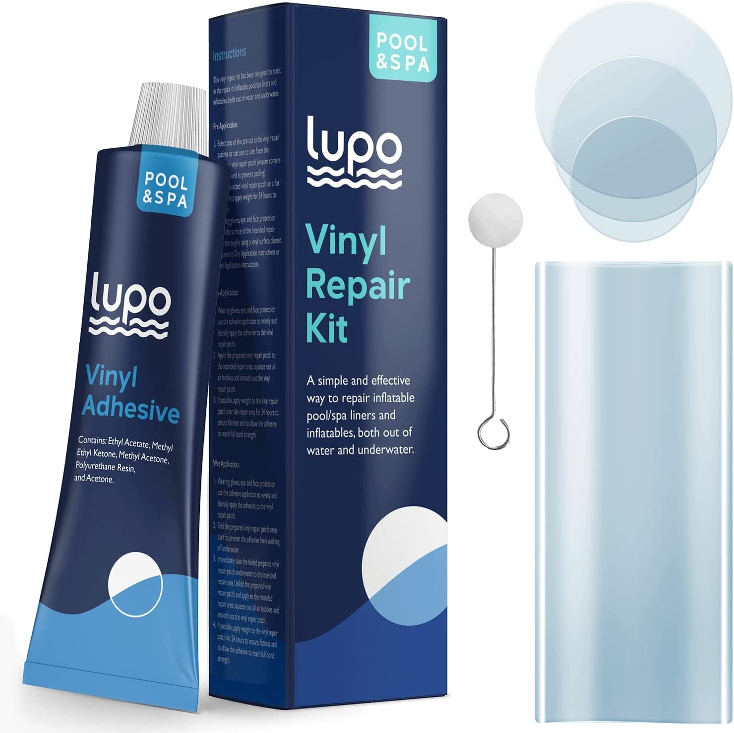 Lupo 12 Piece Heavy Duty Vinyl Repair Kit for above Ground Swimming Pool Liners, Hot Tubs, Inflatables, Air Beds (Repair Patches, Glue and Application Tool)