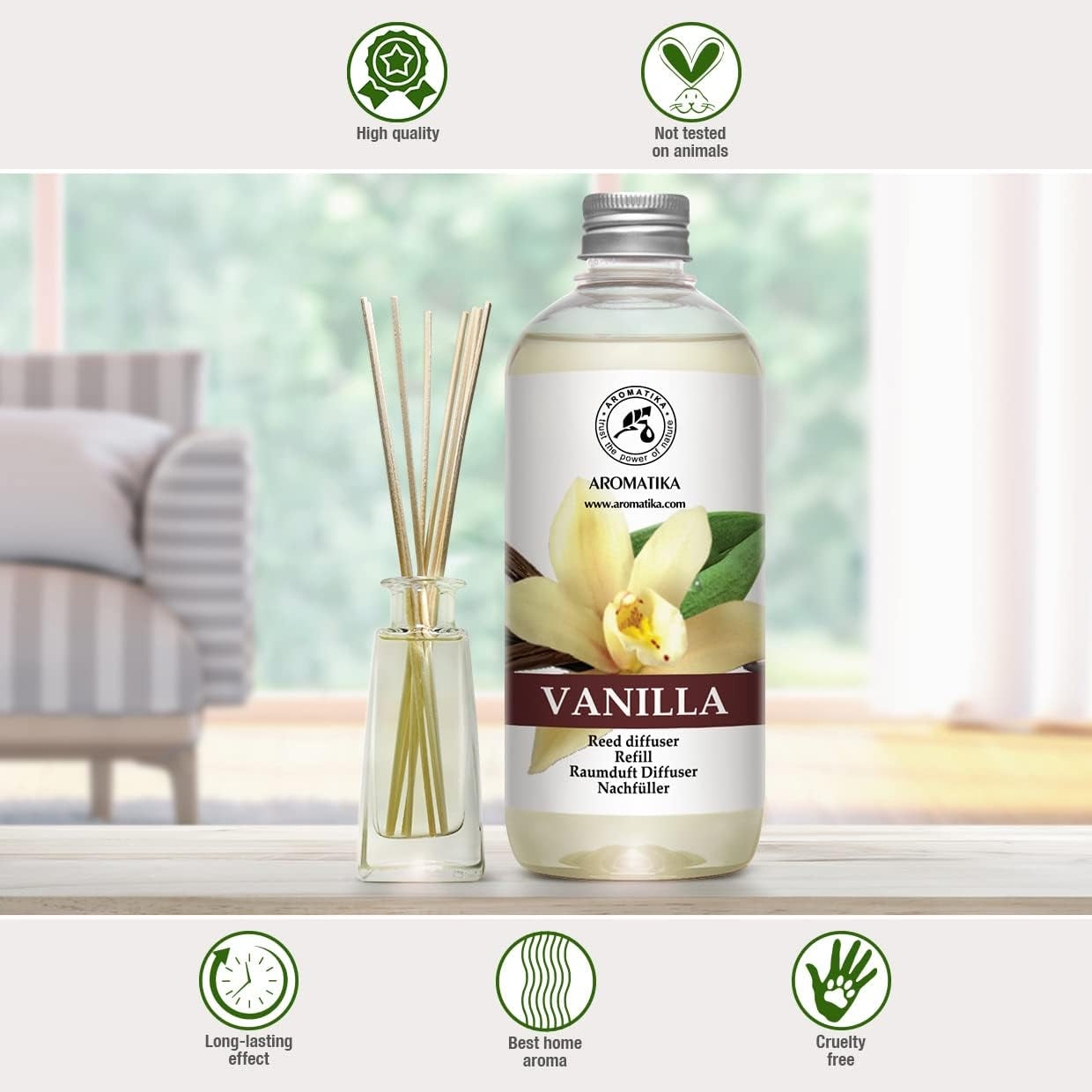 Diffuser Refill Vanilla 34 Fl Oz - 2 X 500Ml - Fragrance Oil Diffuser Refill - Home Fragrance - Vanilla Scent - Room Freshener - Vanilla Aroma - Fresh and Long Lasting Fragrance