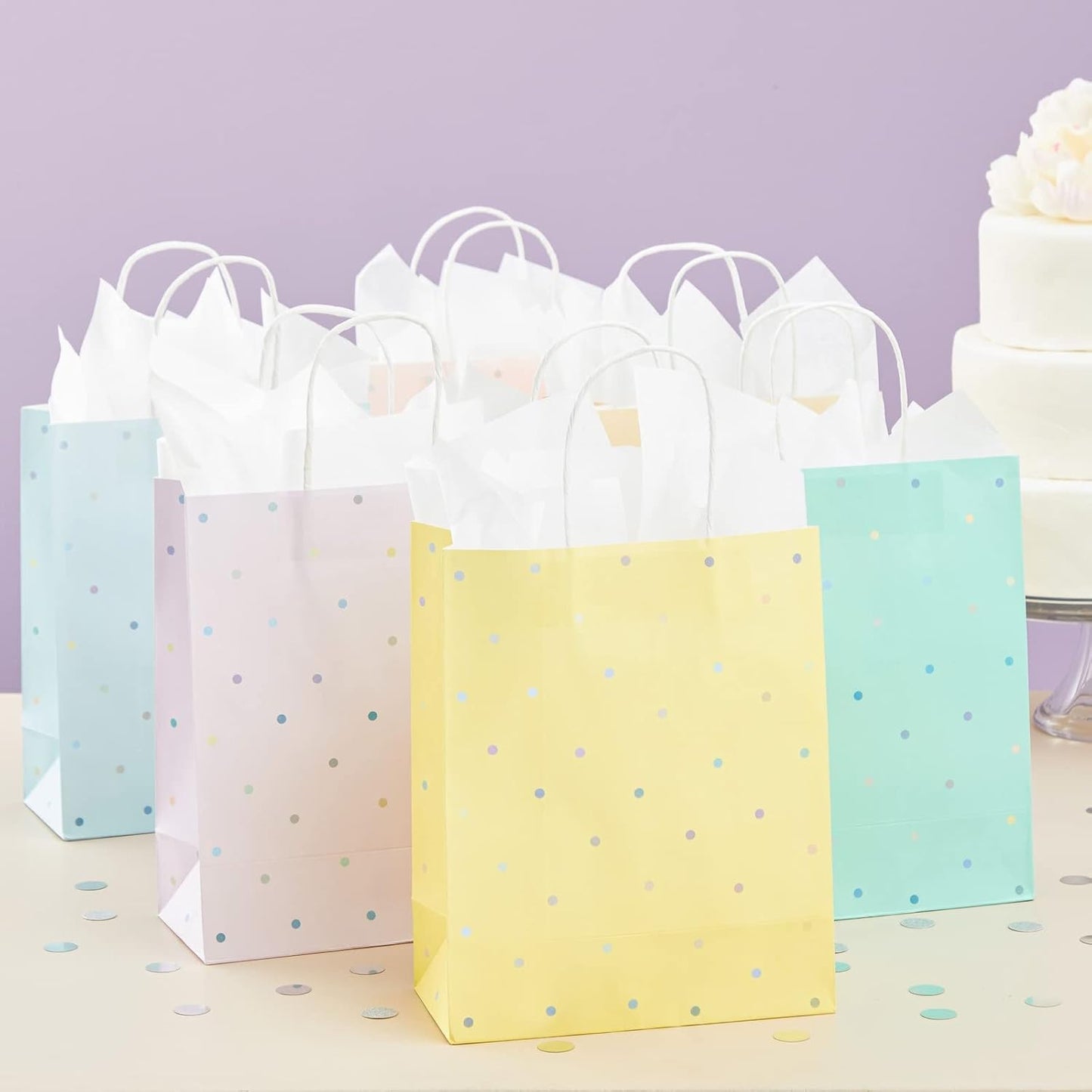 BLUE PANDA 36 Pack Medium Polka Dot Paper Gift Bags with Handles and White Tissue Paper, 6 Pastel Rainbow Colors (10 X 8 X 4 In)