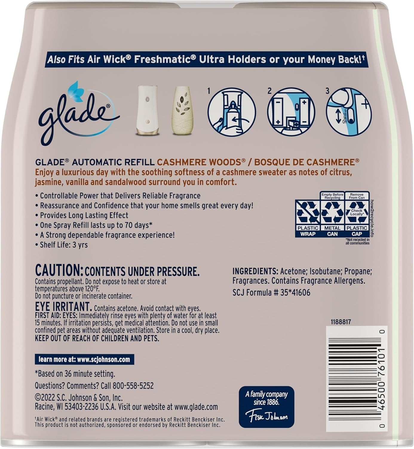 Glade Automatic Spray Refill, Air Freshener for Home and Bathroom, Cashmere Woods, 6.2 Oz, 2 Count