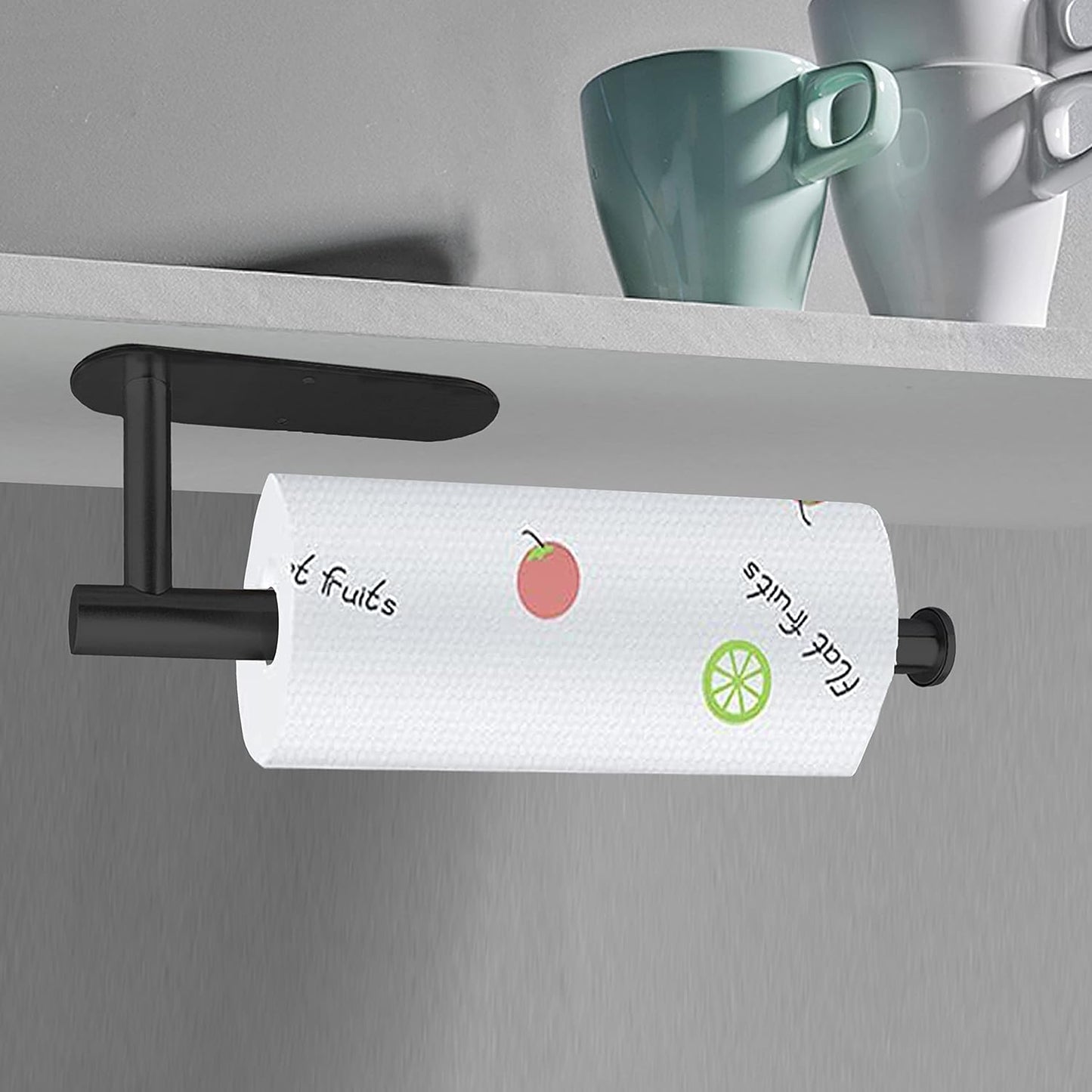 Tujjhoum Paper Towel Holder, under Cabinet Paper Roll Holder Big Roll, Wall Mounted Matt Black Paper Holder for Kitchen, Bathroom, RV, Self-Adhesive and Drilling Optional