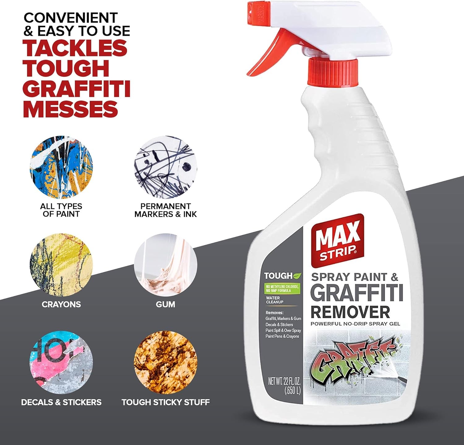 Max Strip Spray Paint and Graffiti Remover - 22 Oz - Powerful No Drip Gel Removes Graffiti, Markers and Gum, Decals and Stickers, Paint Pens and Crayons - No Methylene Chloride No NMP Formula