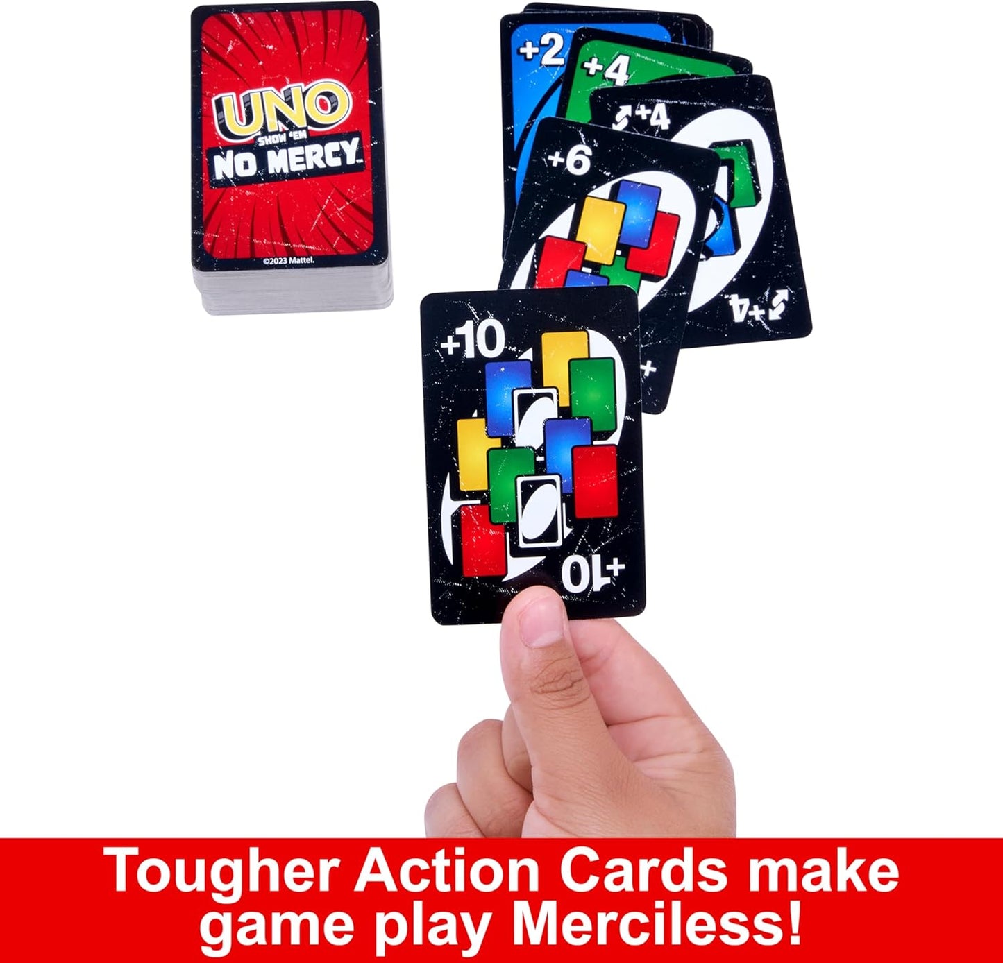 Mattel Games UNO Show ‘Em No Mercy Card Game for Kids, Adults & Family Parties and Travel with Extra Cards, Special Rules and Tougher Penalties