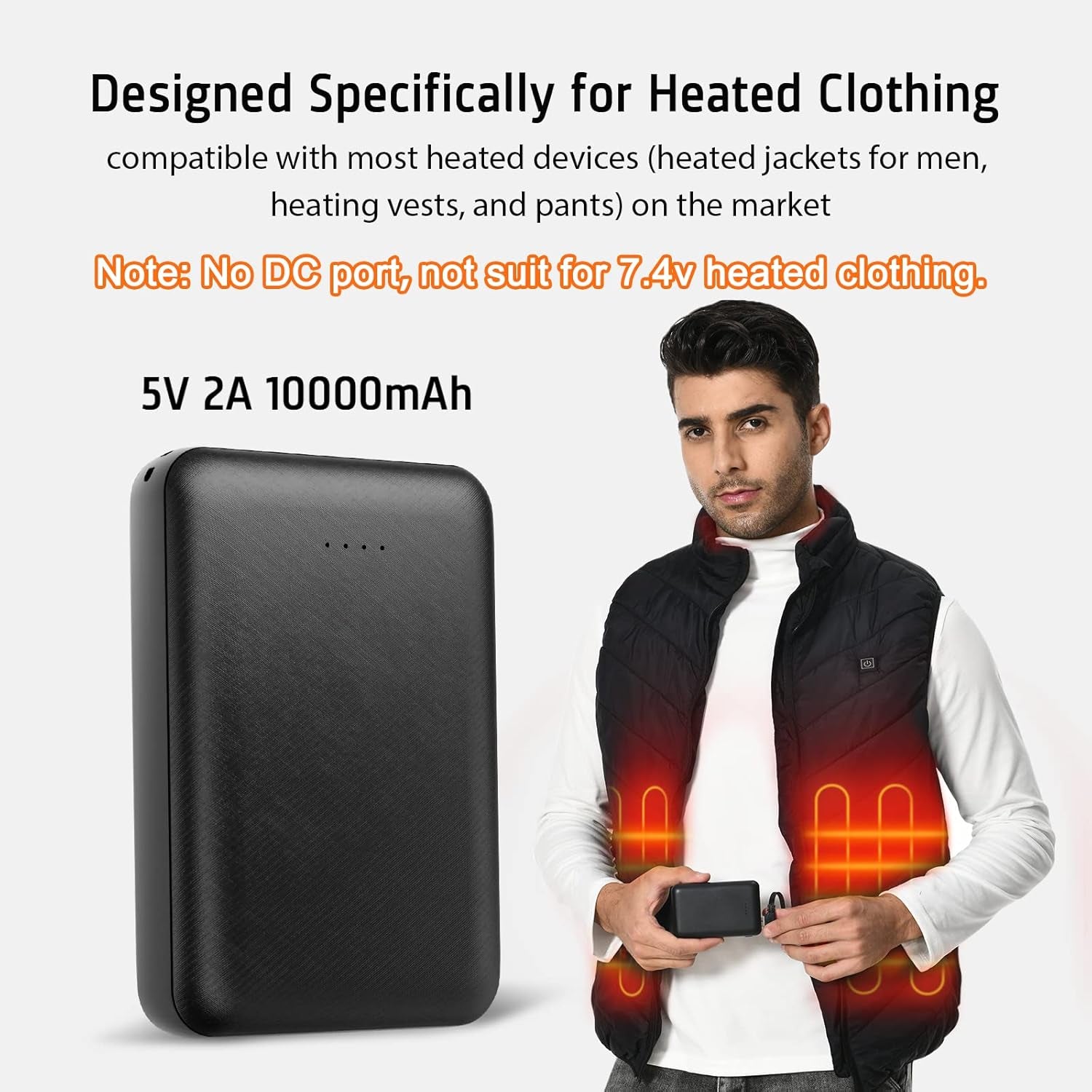 5V2A Battery Pack for Heated Vest Heated Jacket 10000Mah Power Bank for Men Women(Not Suit for 7.4V Heated Clothing)