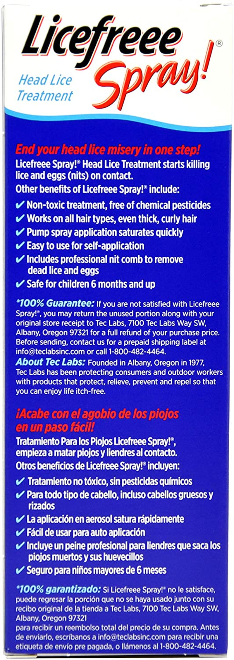 Licefreee Spray, Tec Labs Head Lice Spray, 6 Fl Oz, Includes Professional Metal Nit and Lice Comb, Easy Use Lice Treatments for Kids & Adults, Kills Head Lice, Eggs, Super Lice on Contact