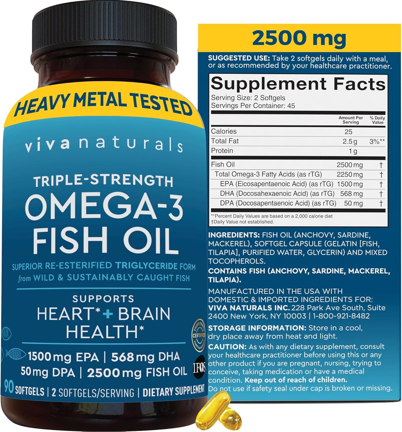 Fish Oil Omega 3 Supplement - 2500 Mg Fish Oil with Re-Esterified Omega 3 Fatty Acid Supplement Including EPA, DHA DPA - 90 Pescatarian-Friendly Softgels