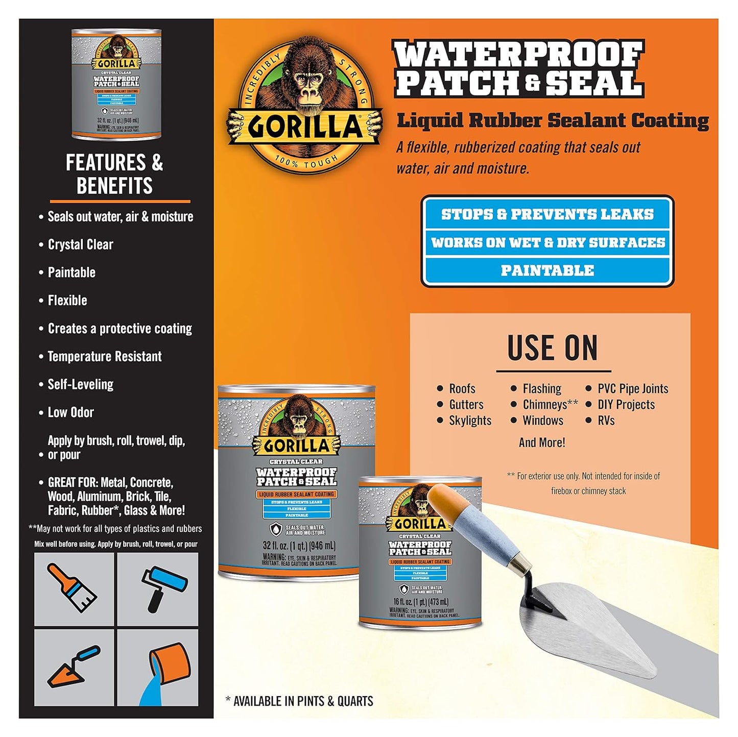 Gorilla Waterproof Patch & Seal Liquid Rubber Sealant, Crystal Clear, 32Oz (Pack of 1)