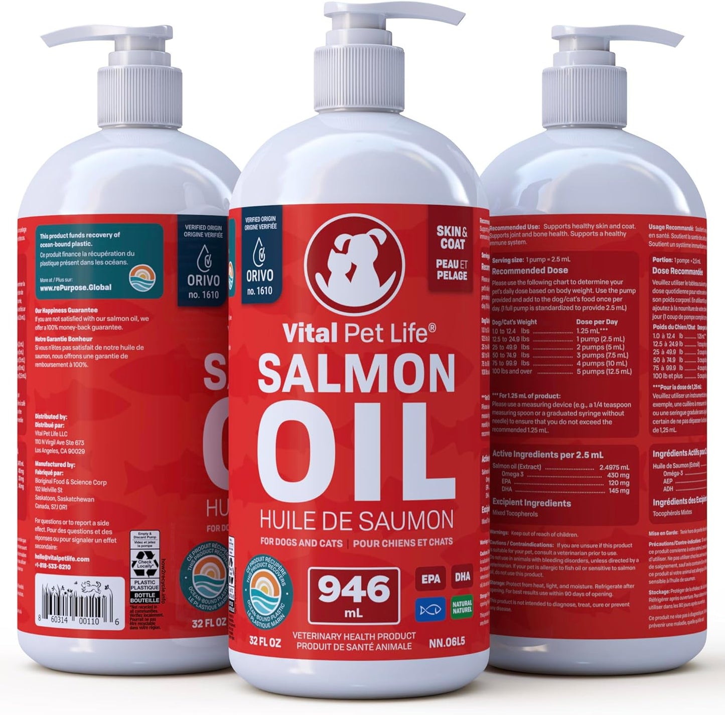 Salmon Oil for Dogs & Cats - Healthy Skin & Coat, Fish Oil, Omega 3 EPA DHA, Liquid Food Supplement for Pets, All Natural, Supports Joint & Bone Health, Natural Allergy & Inflammation Defense, 32 Oz