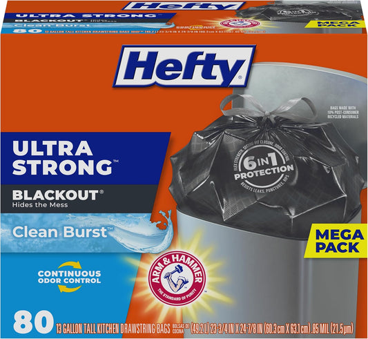 Hefty Ultra Strong 13 Gallon Trash Bags, Black Tall Kitchen Trash Bags 13 Gallon Size, Break Resistant Drawstring Enclosure, Continuous Odor Control, Blackout, Clean Burst Scent, 80 Bags