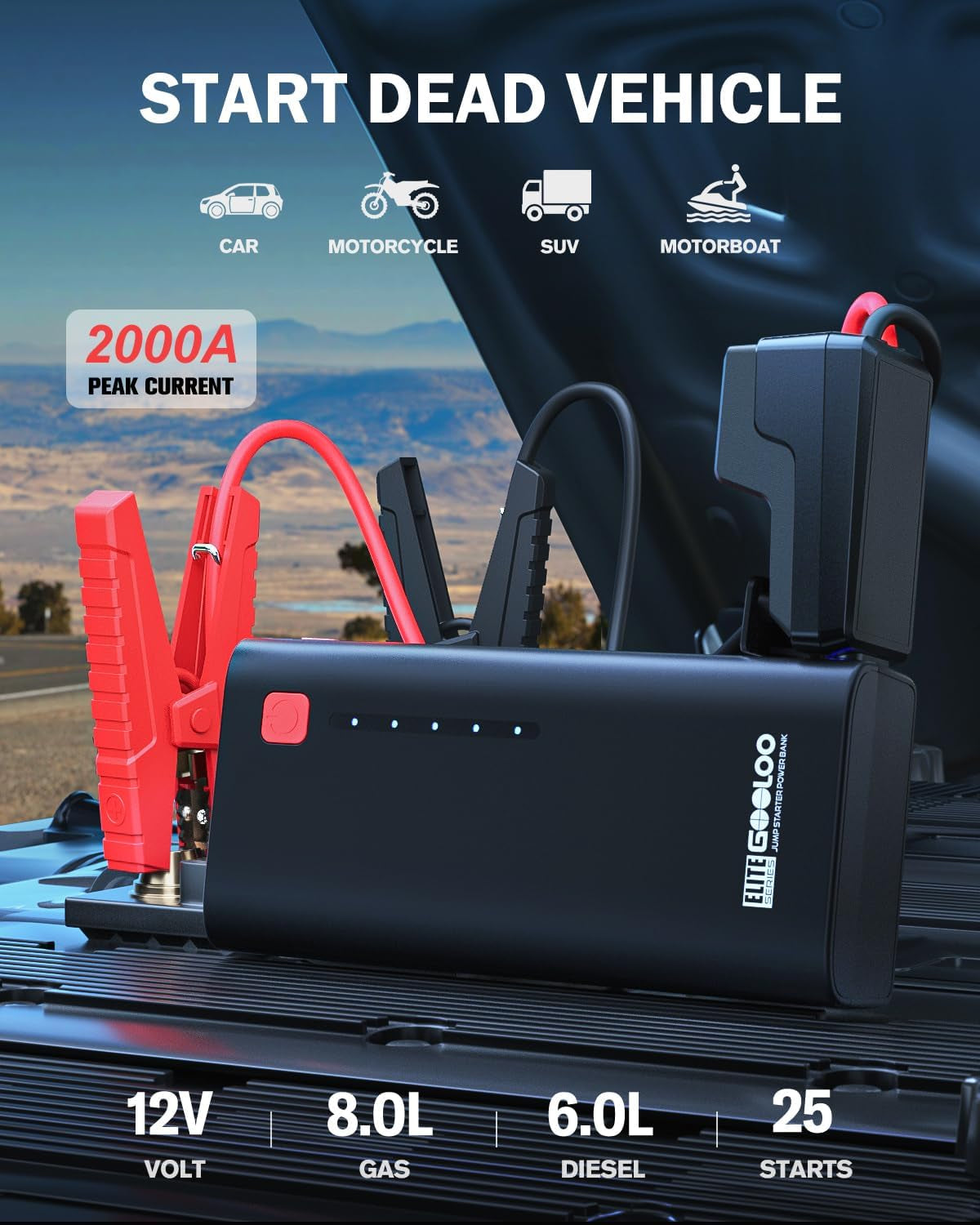 GOOLOO Jump Starter GE1200 2000A Peak Portable Jump Starter Battery Pack for up to 8.0L Gas or 6.0L Diesel Engine with USB Quick Charge and LED Light, Supersafe 12V Lithium Car Starter