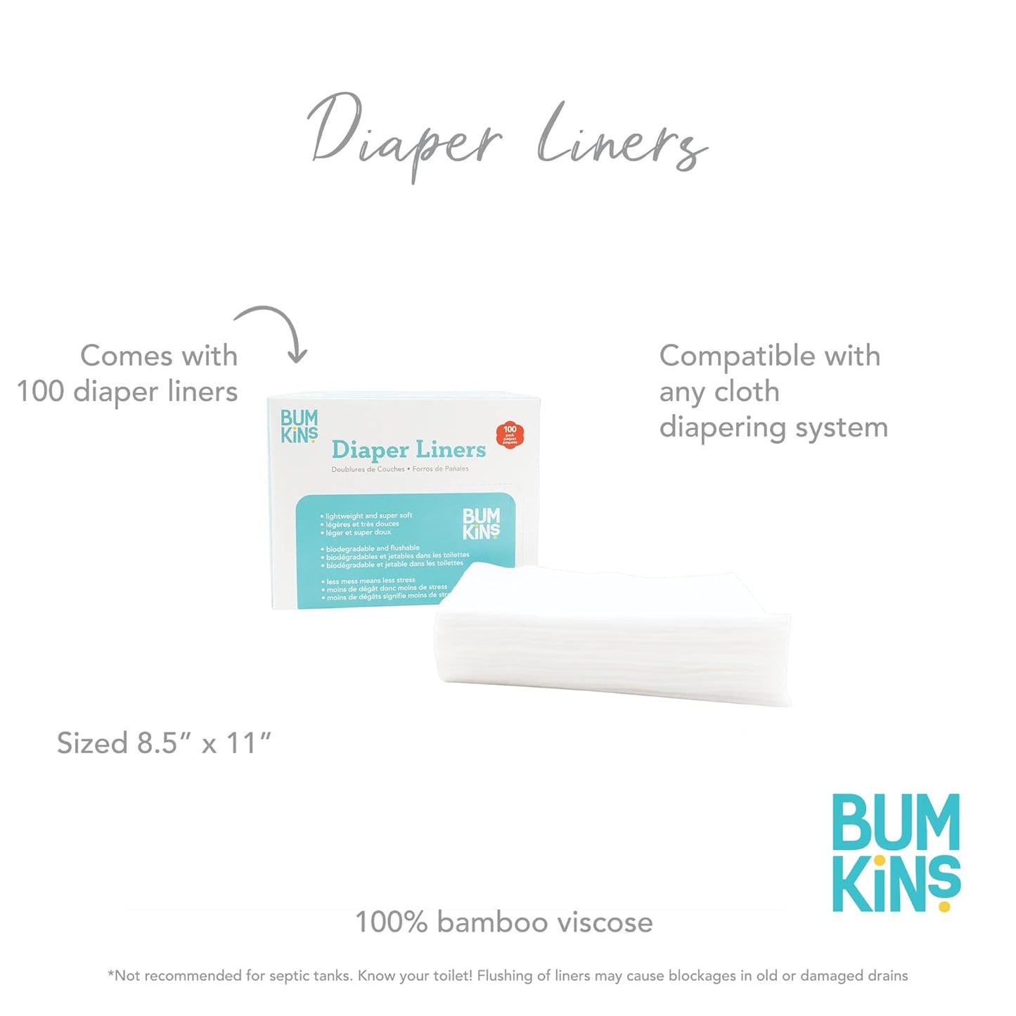 Bumkins Disposable Cloth Fabric Diaper Liner, Biodegradable, Neutral, 100 Count (Pack of 1)
