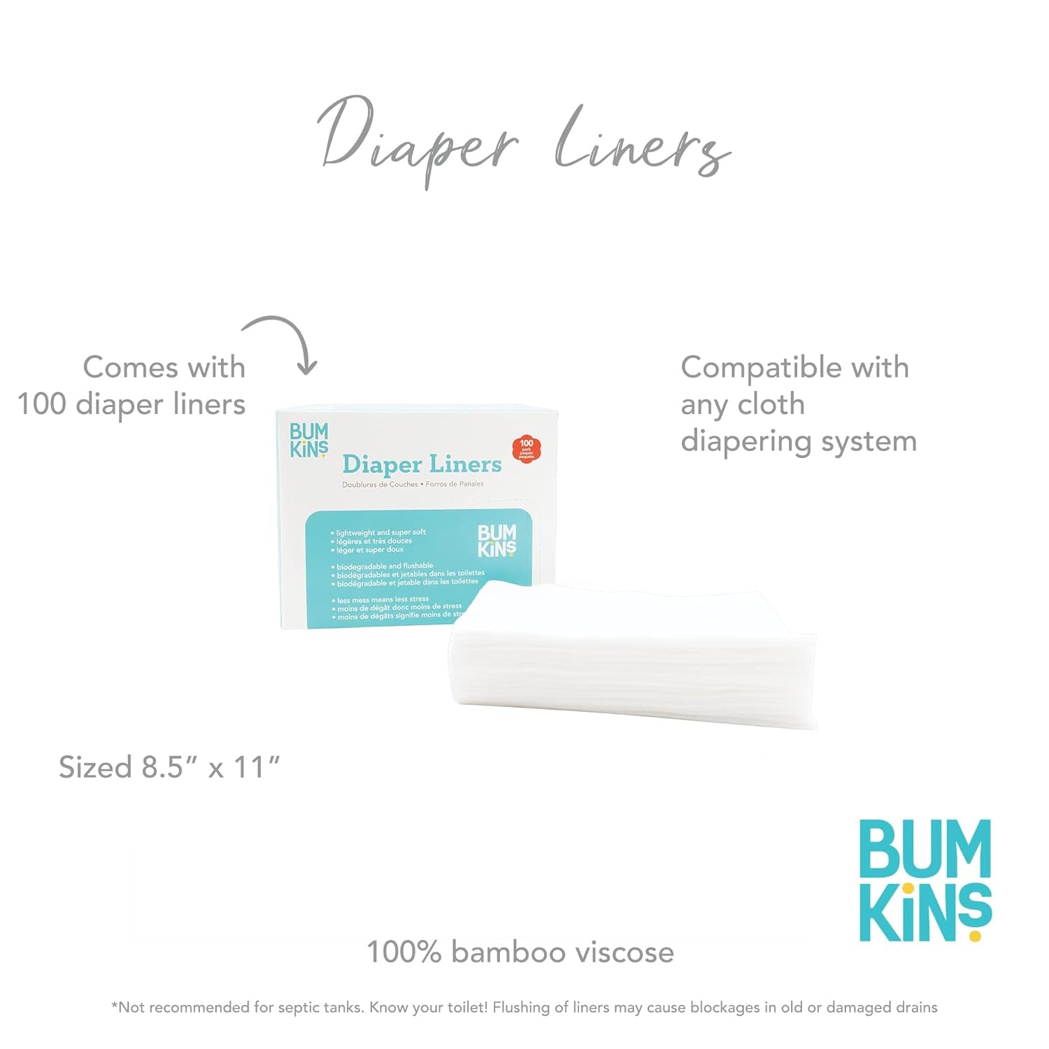 Bumkins Disposable Cloth Fabric Diaper Liner, Biodegradable, Neutral, 100 Count (Pack of 1)