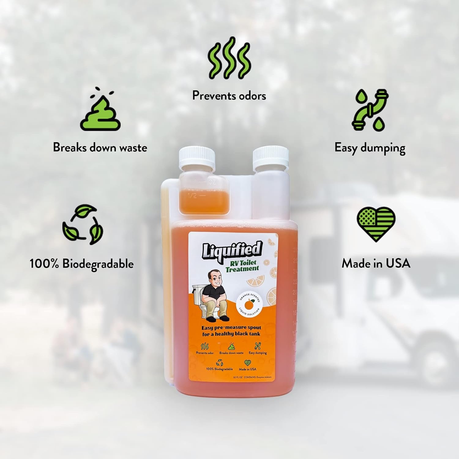 Liquified RV Toilet Treatment - Black Holding Tank Digester - Odor Eliminator - Orange Scent - Matts RV Reviews - 32 Treatments (32Oz)