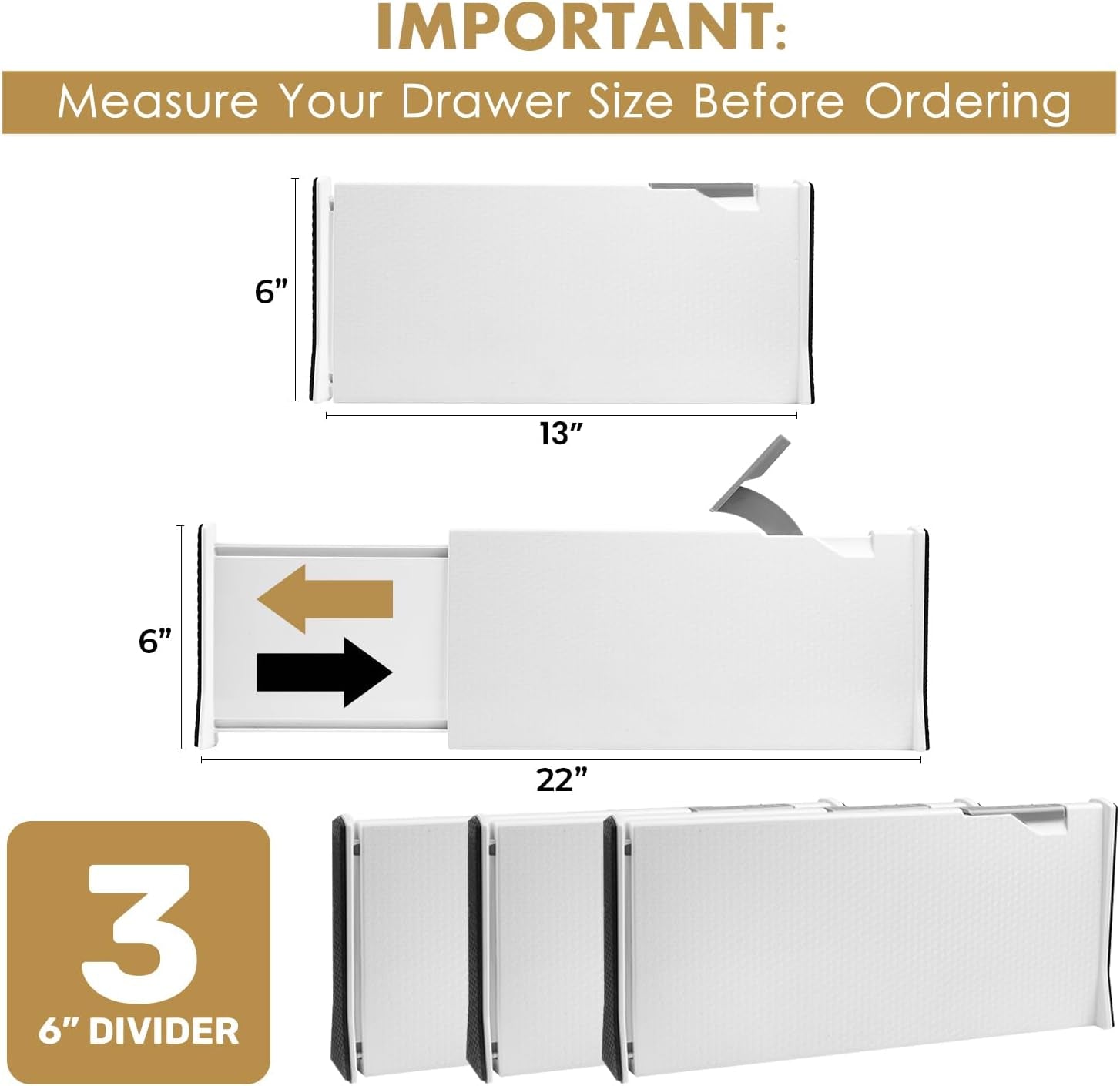 RAPTUROUS Deep Drawer Dividers 3 Pack, 6 Inch Tall, 13-22 Inch Long Expandable, Adjustable Drawer Organizer for Clothing, Dresser, Kitchen, Strong Hold, Soft Foam Edges, White