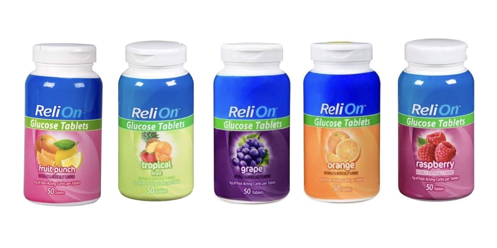 Relion Glucose Tablets Bundle of Fruit Punch, Tropical Fruit, Grape, Orange, and Raspberry