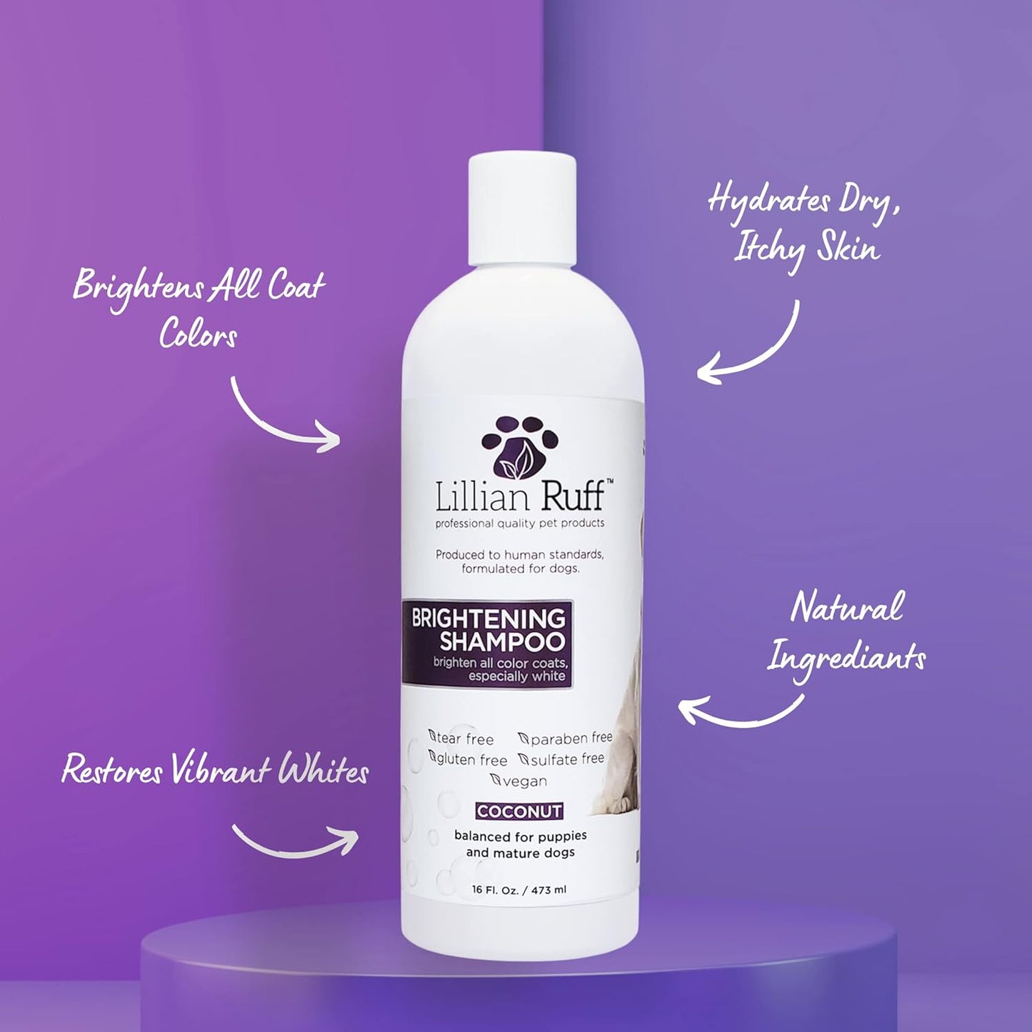 Lillian Ruff Ultra-Brightening Professional Whitening Shampoo for Dogs with Aloe & Coconut Oil for Dry Skin & Itch Relief - Ph-Balanced Dog Whitening Shampoo Remove Stains, Yellowing, & Odor (Gallon)