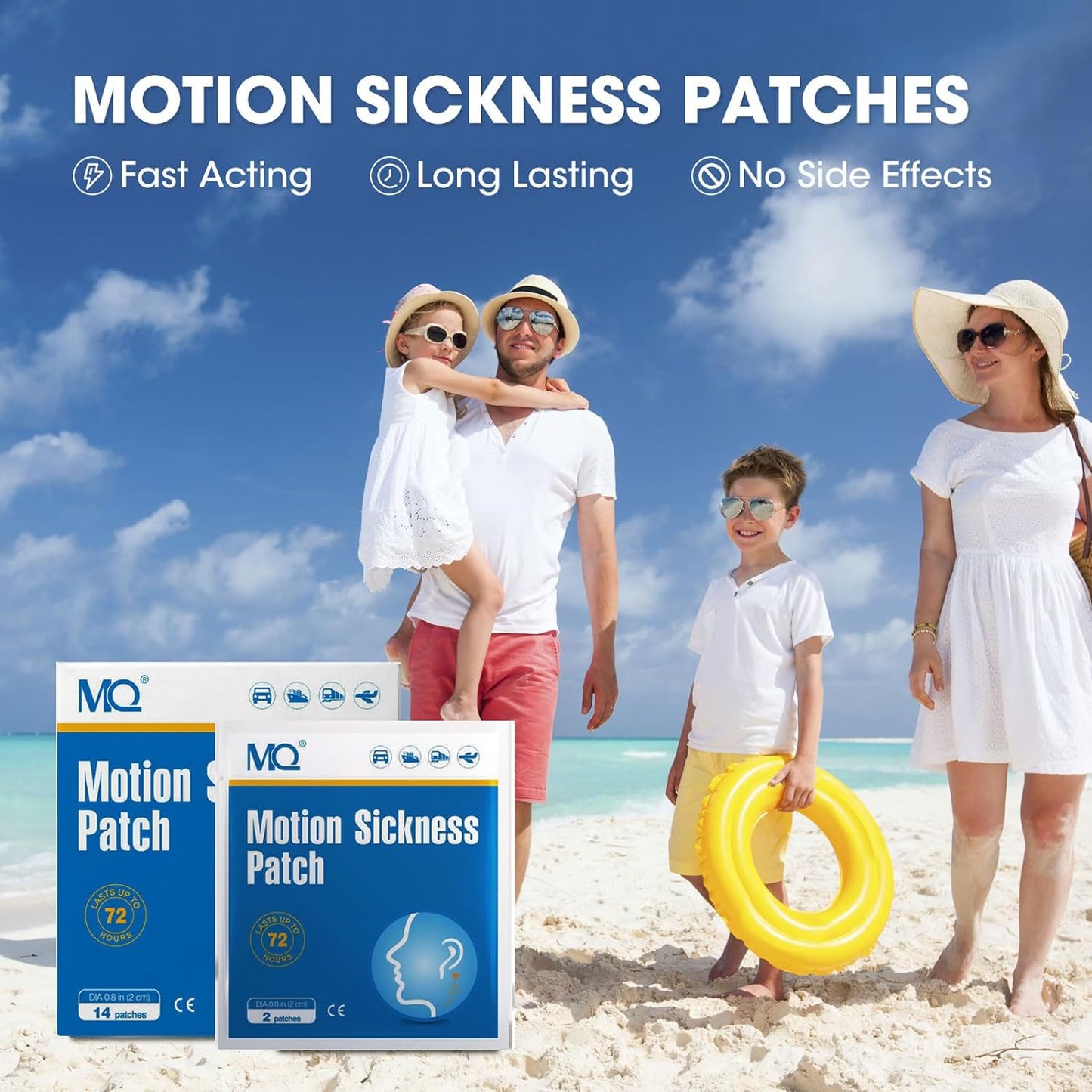 MQ 14Ct Motion Sickness Patches Non Drowsy - Sea Sickness Patches for Cruise Travel Essentials, Waterproof Patch behind Ear for Car Airplane Altitude Sickness, Long Last 72H