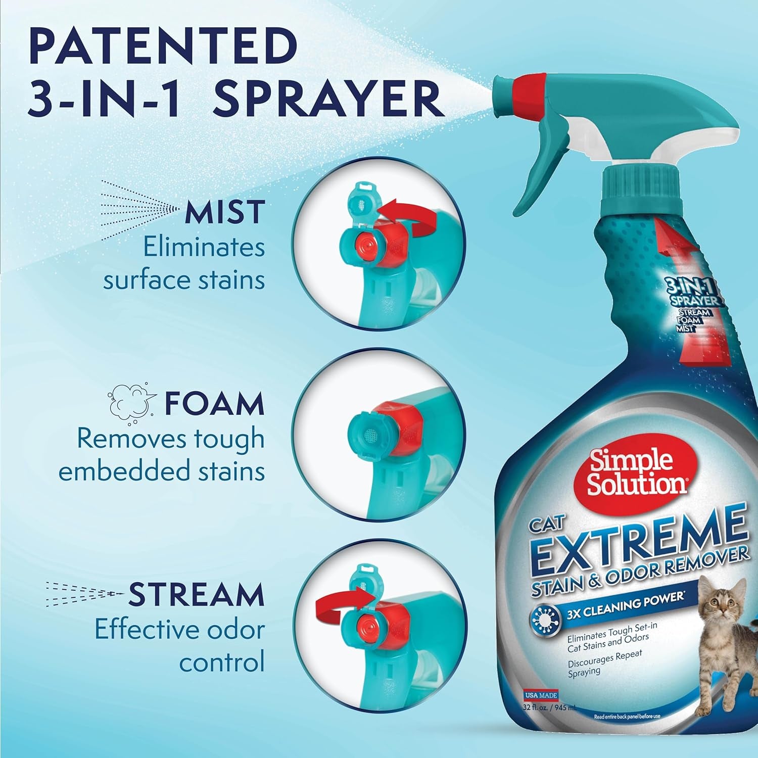 Simple Solution Cat Extreme Pet Stain and Odor Remover Spray - Enzymatic Cleaner with 3X Pro-Bacteria Cleaning Power, Cat-Formulated Strong Urine Pee Odor Destroyer - 32 Ounces