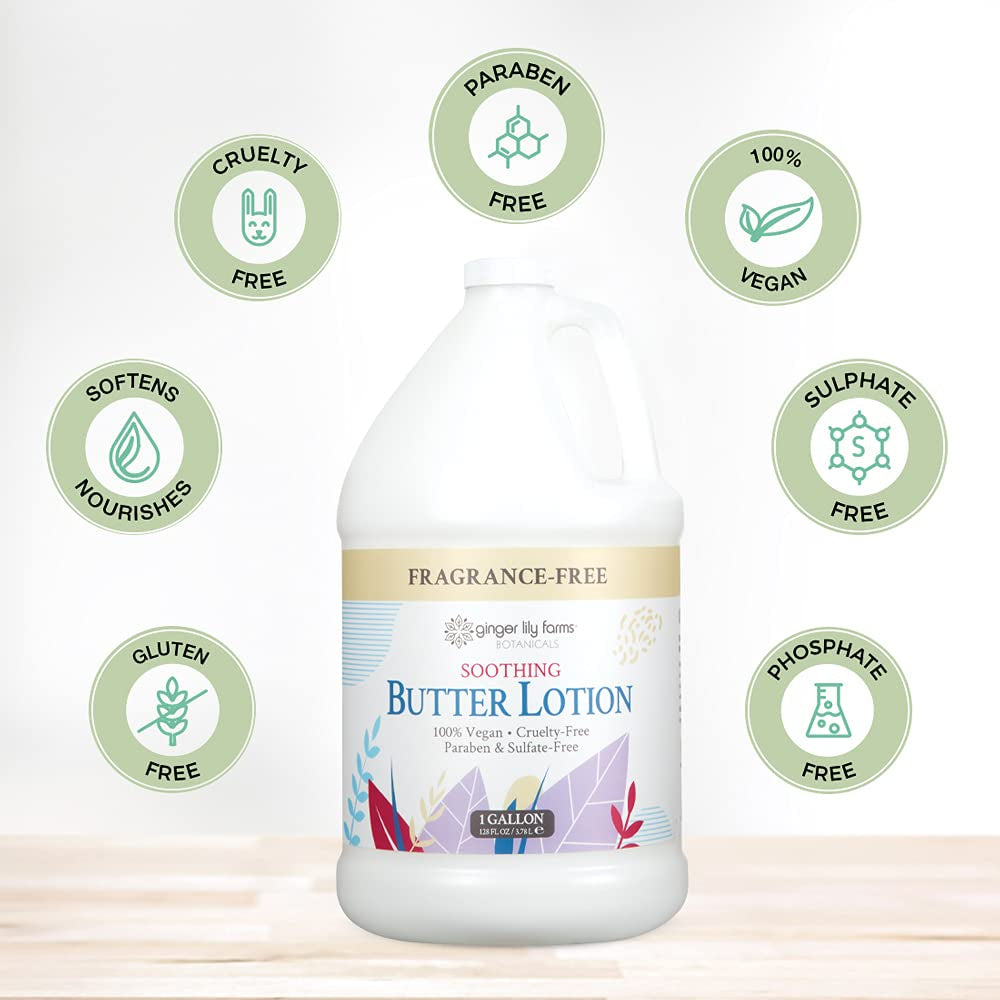 Ginger Lily Farms Botanicals Soothing Butter Lotion for Dry, Sensitive Skin, 100% Vegan & Cruelty-Free, Fragrance Free, 1 Gallon (128 Fl Oz) Refill (Pack of 1)