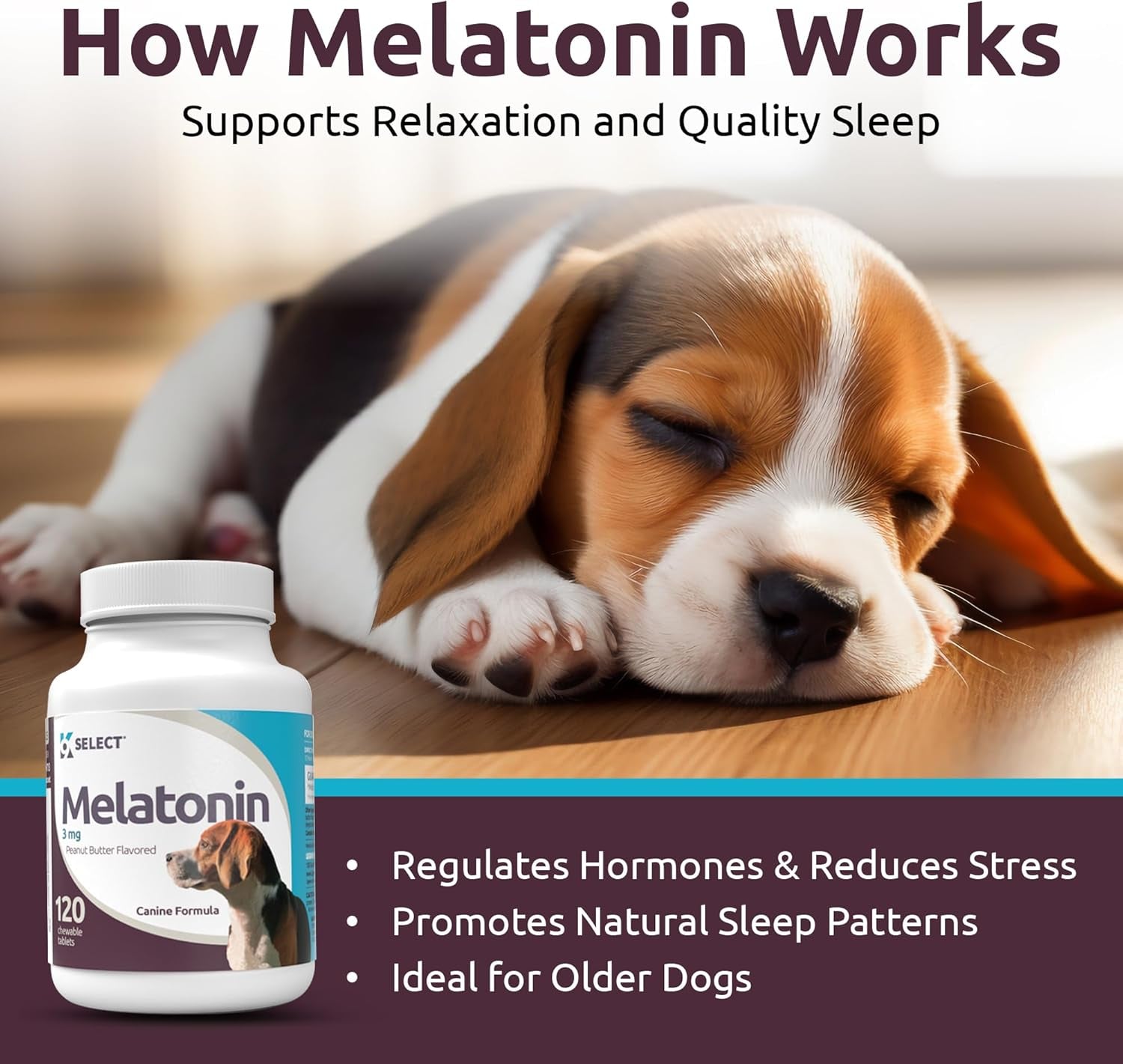 K9 Select Melatonin for Dogs - Calming Aid for Dogs - Adrenal Support Dog Sleep Aid - Reduce Stress, Pet Melatonin Calming Treats for Medium Sized Dogs - 3 Mg, 120 Peanut Butter Flavored Capsules