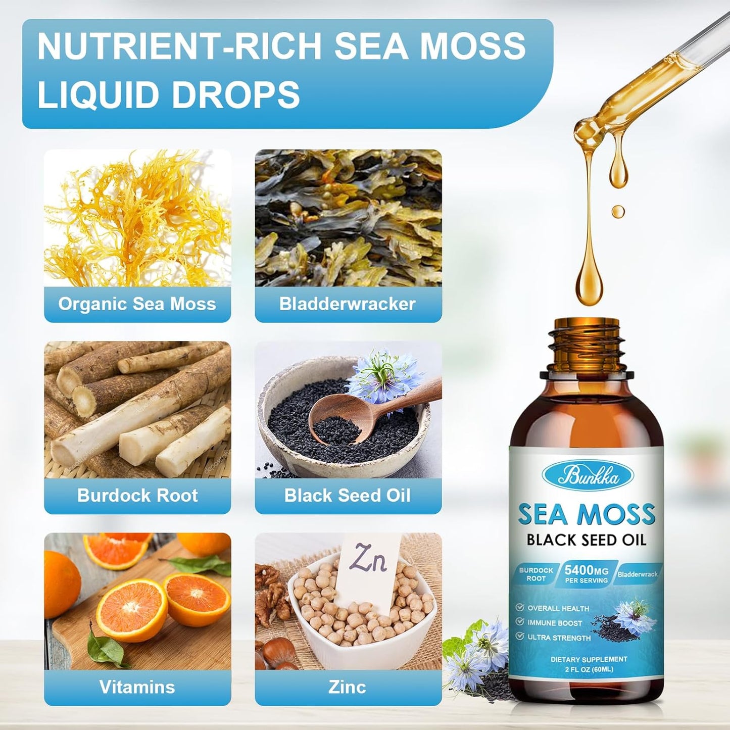 Sea Moss 3000Mg Black Seed Oil 1000Mg with Burdock Root 600Mg Bladderwrack 800Mg&Vitamin C Vitamin D3, Irish Sea Moss Drop for Immune System, Gut, Skin & Energy