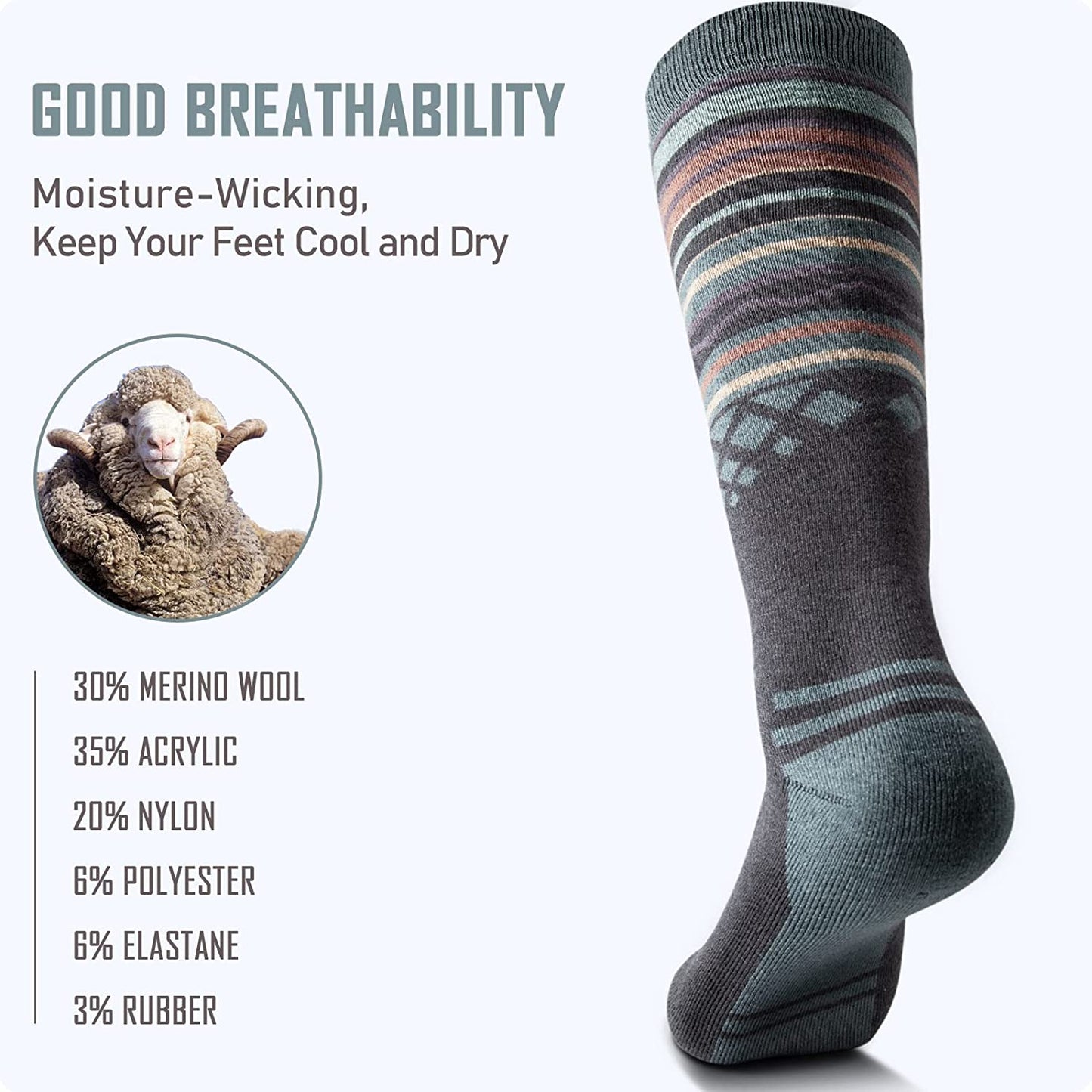 Ski Socks 2-Pack Merino Wool, over the Calf Non-Slip Cuff for Men & Women