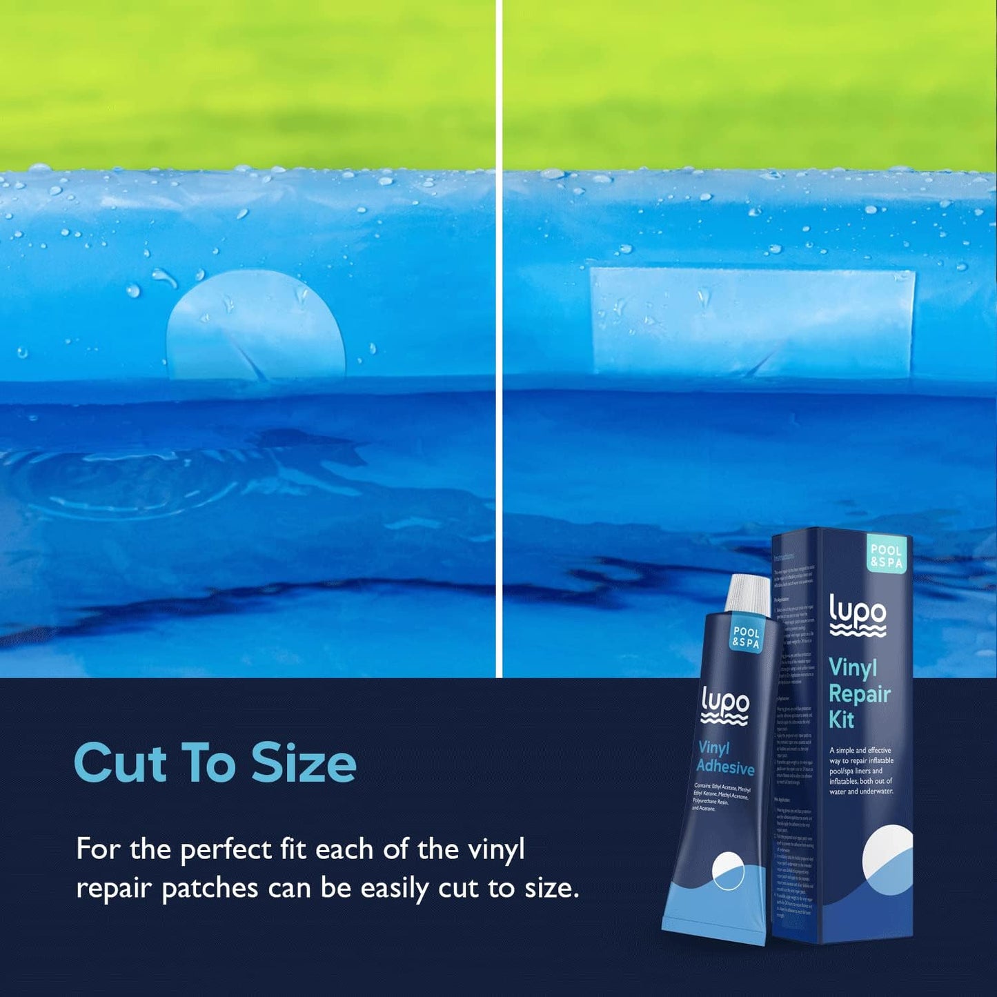 Lupo 12 Piece Heavy Duty Vinyl Repair Kit for above Ground Swimming Pool Liners, Hot Tubs, Inflatables, Air Beds (Repair Patches, Glue and Application Tool)