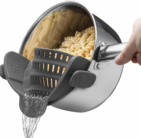 Kitchen Gizmo Snap N' Strain - Silicone Clip-On Colander, Heat Resistant Drainer for Vegetables and Pasta Noodles, Kitchen Gadgets for Bowl, Pots, and Pans - Essential Home Cooking Tools - Grey