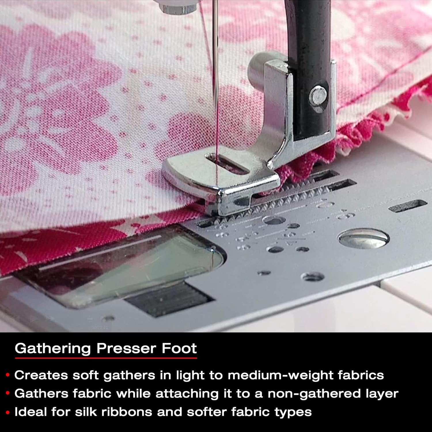 SINGER | Gathering Presser Foot for Low-Shank Sewing Machines, Simutaneously Trims & Hems Edges, Zig-Zag and Over-Edge Stitches - Sewing Made Easy