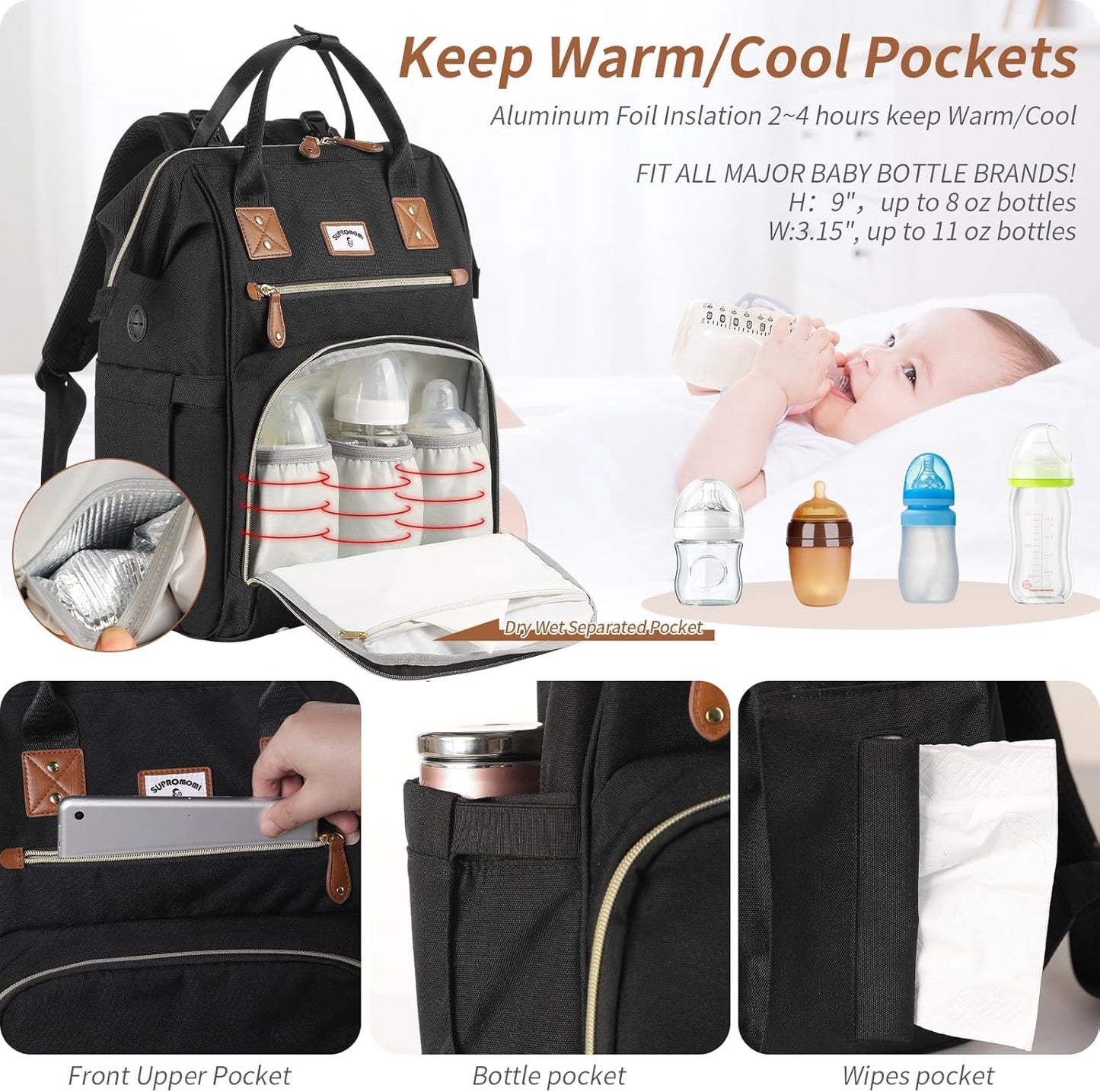 Diaper Bag Backpack:Baby Bag Large Tote Diaper Bag for Boys and Girls, Men'S Diaper Backpack, Women'S Shoulder Mommy Bag, 2 Kids Nappy Bag for Mom and Dad Black