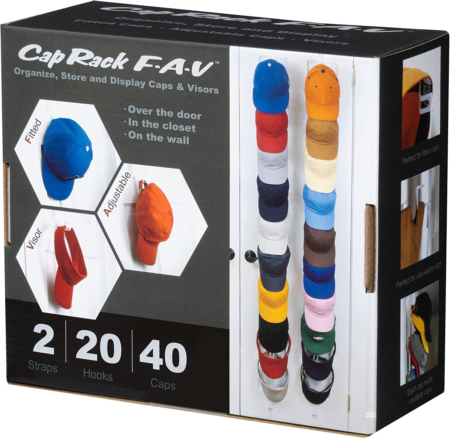 Perfect Curve Hat Organizer Cap Rack FAV | Hat Racks | Hold up to 40 Caps | over Door Organizer for Baseball Hat | Fitted & Adjustable Caps & Visors | Door Slam Proof | 2 Straps | White