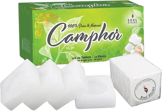 Soul Sticks Natural Camphor Blocks - Camphor Tablets (56 Grams, 12 Tablets) for Aromatherapy, Odor Elimination, Puja - Alcanfor En Bloques, Alcanfor Tablets, Alcanfor En Bolitas, Kapoor for Pooja