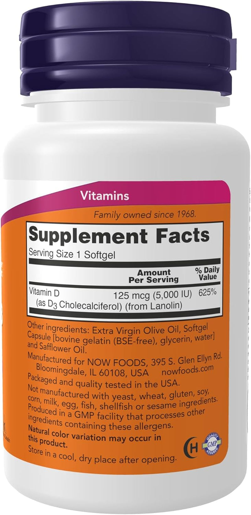 NOW Foods Supplements, Vitamin D-3 5,000 IU, High Potency, Structural Support*, 240 Softgels