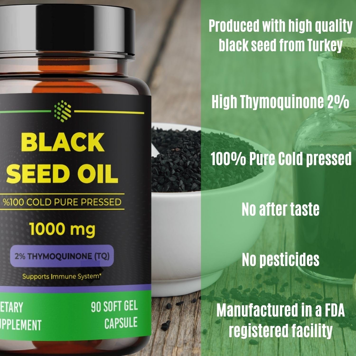Black Seed Oil Capsules, 90 Days Supply, 2% Thymoquinone, Non-Gmo, Gluten Free, Cold Pressed Black Cumin Pills, Nigella Sativa Supports Immune System, Joints, Hair Growth, Skin