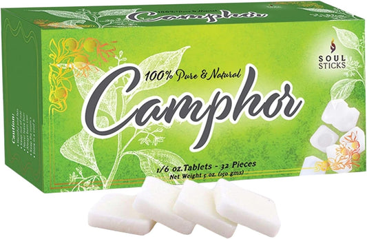 Soul Sticks Natural Camphor Blocks - Camphor Tablets (150 Gram, 32 Tablets) for Aromatherapy, Odor Elimination, Puja - Alcanfor En Bloques, Alcanfor Tablets, Alcanfor En Bolitas, Kapoor for Pooja