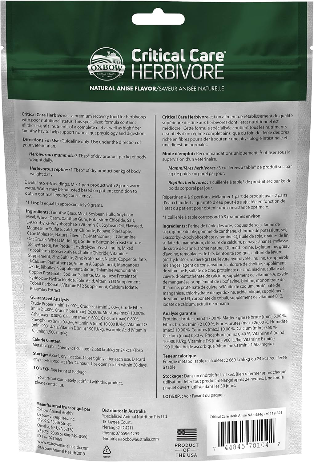 Oxbow Critical Care Herbivore - Nutritionally Complete Feeding Assist Formula for Small Animals & Pets - Critical Care Herbivore Anise (454G)