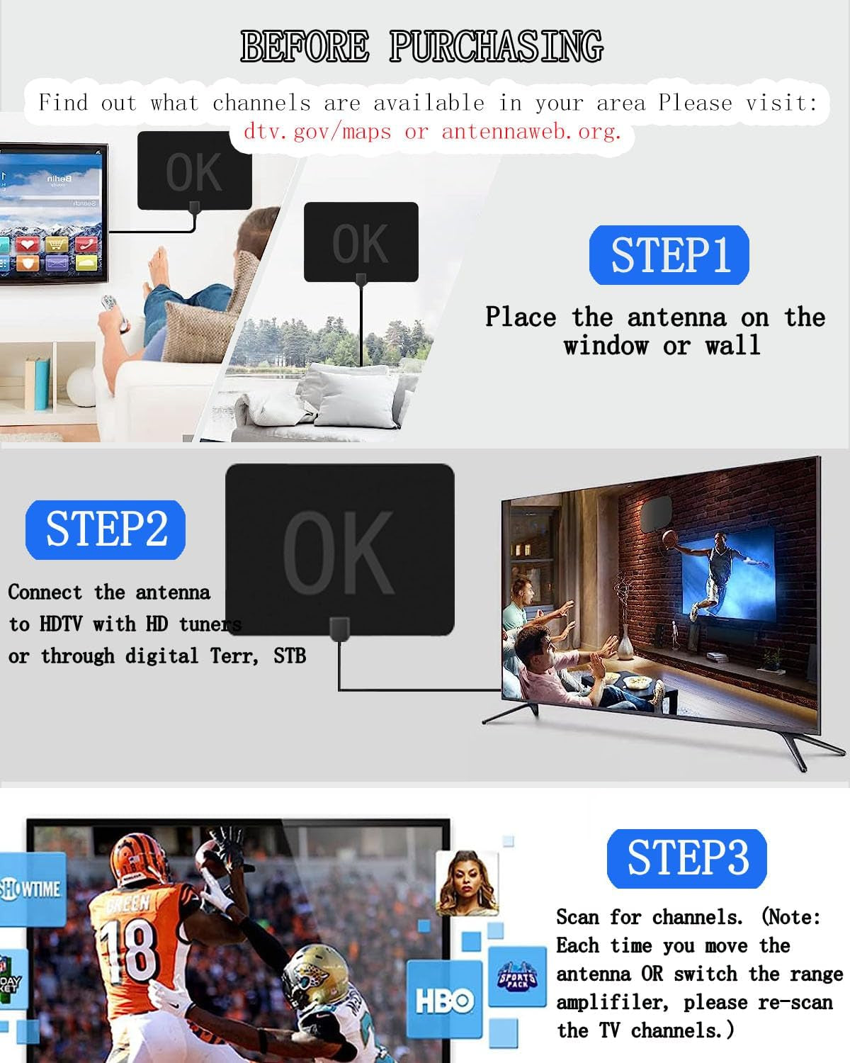 TV Antenna Indoor, Long Range Reception Digital TV Antenna for Smart TV Indoor Support 4K 1080P, Digital HDTV Antenna for Smart Switch Amplified Signal Booster - 16.5 Ft Coax HDTV Cable AC Adapter