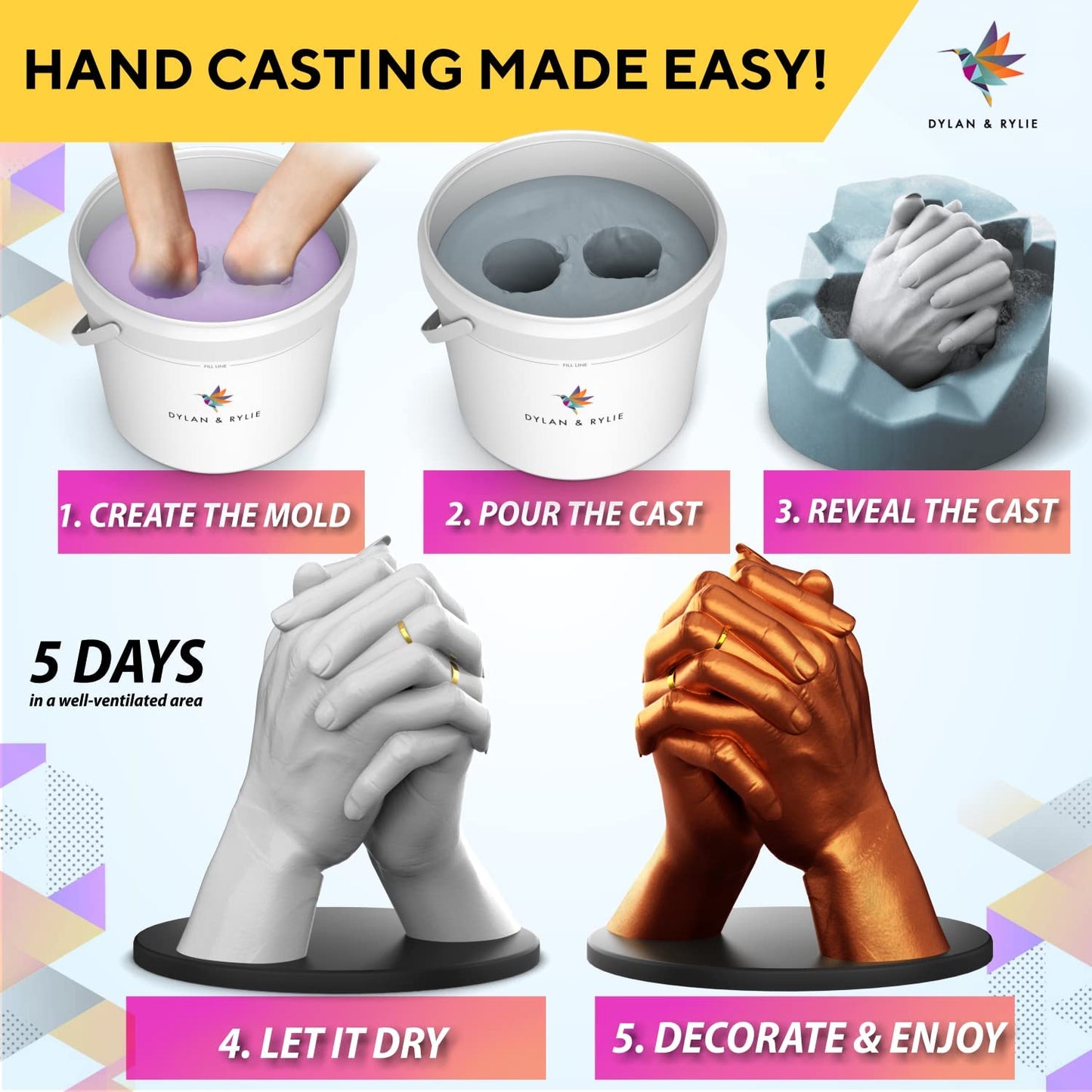 Dylan & Rylie Hand Casting Kit for Couples with Base - Complete DIY Plaster Hand Mold Kit for Couples & Painting Set W/Practice Kit & Mounting Plaque - Gift for Anniversary, Wedding & Birthday