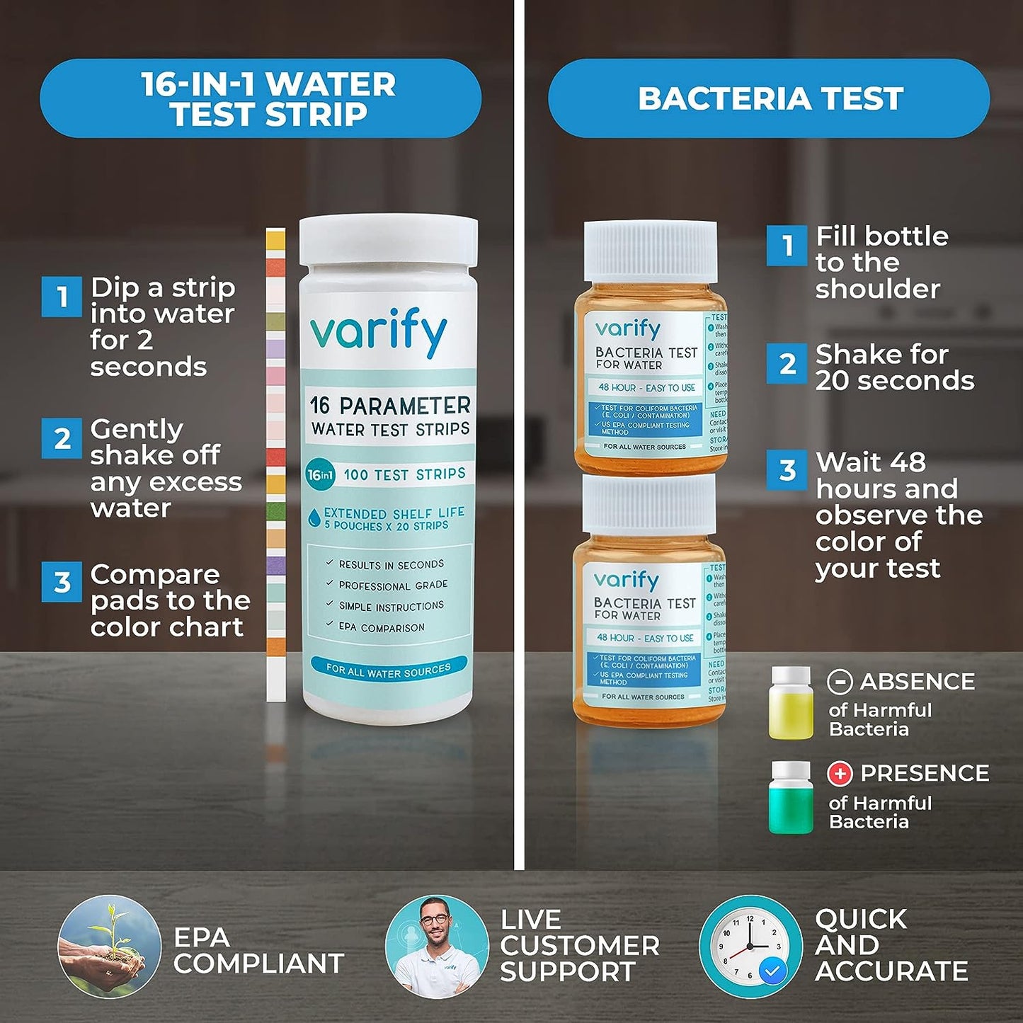 Varify 17 in 1 Complete Drinking Water Test Kit - 100 Strips + 2 Bacteria Tester Kits - Well, Tap, Home, City Water Testing Strip for Lead, Alkaline, Chlorine, Hardness, Iron, Fluoride, Copper & More