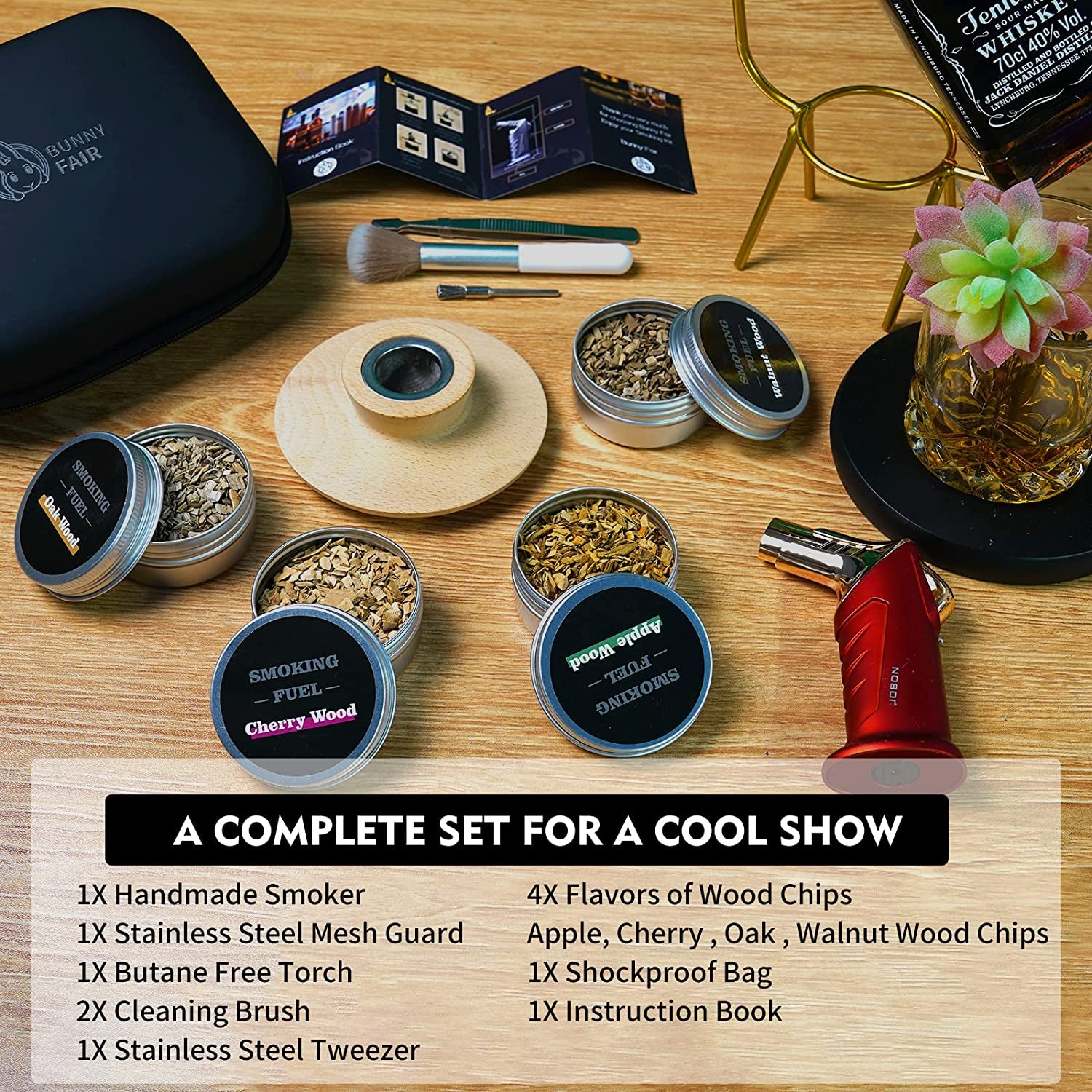 Cocktail Whiskey Smoker Kit, Old Fashioned Kit for Festival Gift, Four Kinds of Wood Chips for Whiskey, Bourbon. Smoked Cocktail, Drink, Food for Friends, Husband, Dad (With Torch Butane Not Included ) (Black)