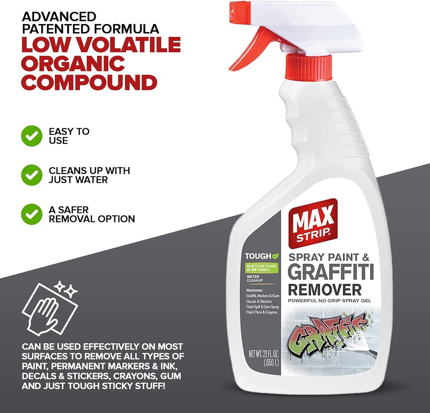 Max Strip Spray Paint and Graffiti Remover - 22 Oz - Powerful No Drip Gel Removes Graffiti, Markers and Gum, Decals and Stickers, Paint Pens and Crayons - No Methylene Chloride No NMP Formula